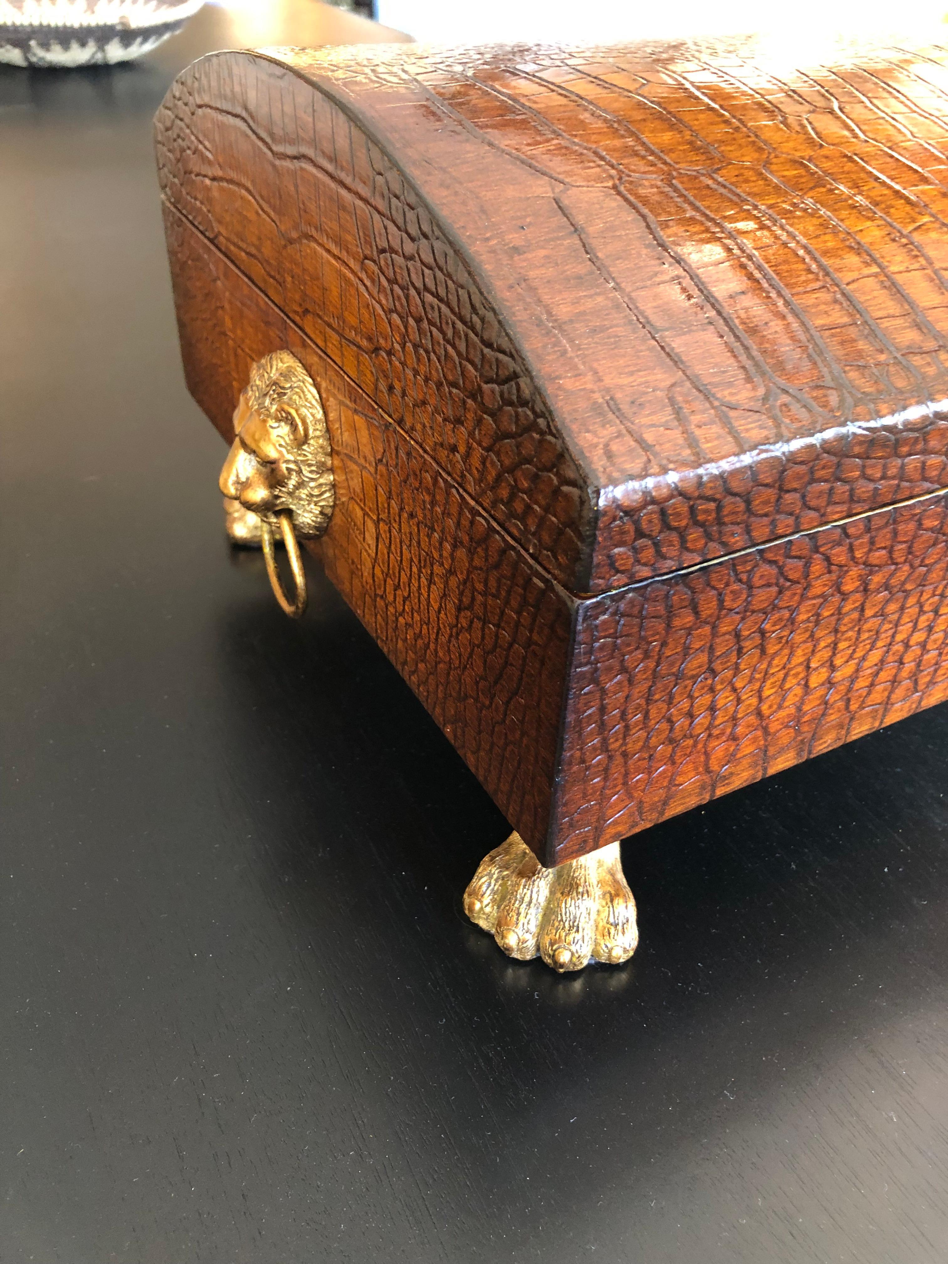 Large Impressive Carved Wood Box with Brass Lion Head Handles  In Good Condition In Hopewell, NJ