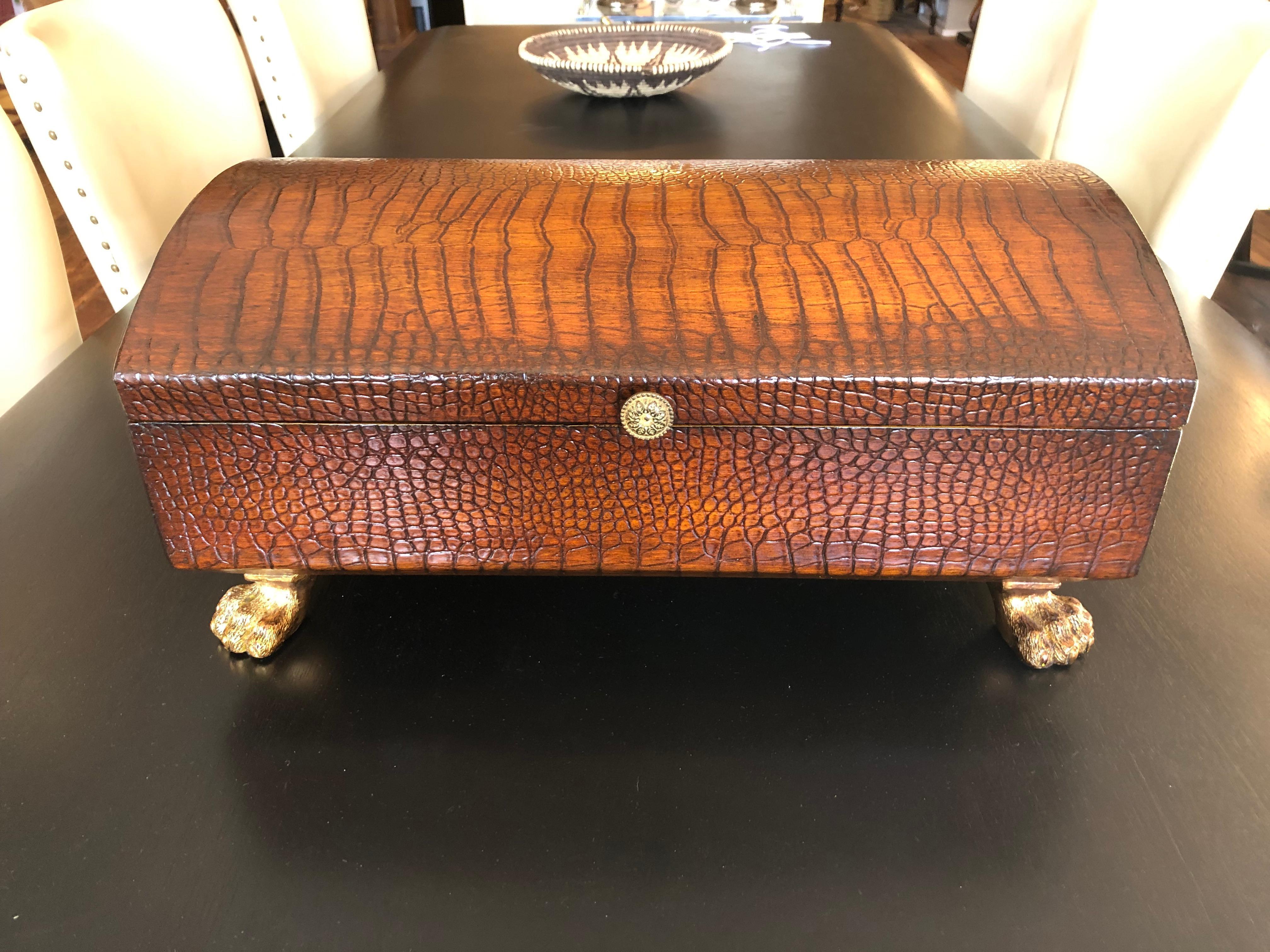 Contemporary Large Impressive Carved Wood Box with Brass Lion Head Handles 
