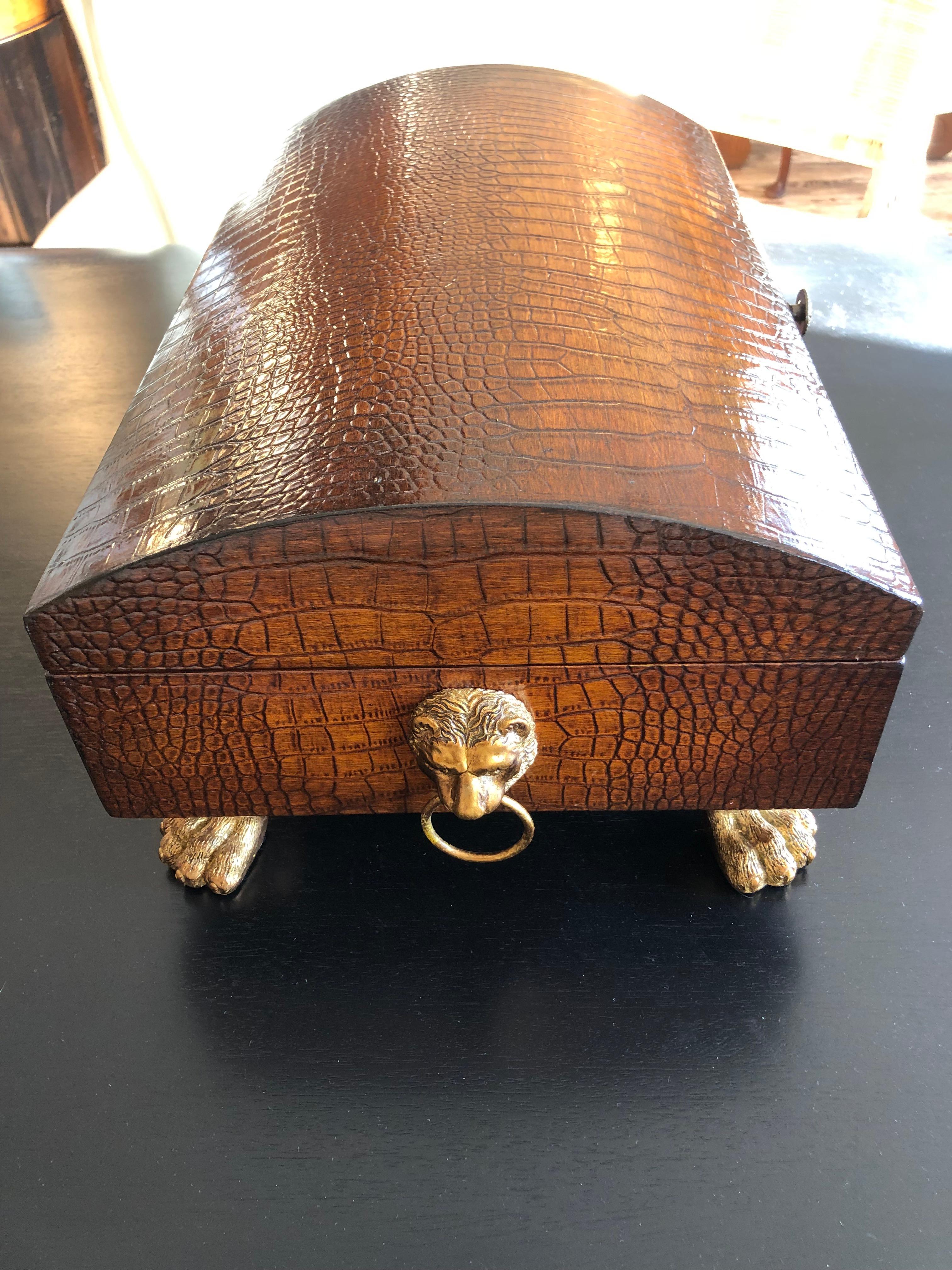 Large Impressive Carved Wood Box with Brass Lion Head Handles  1