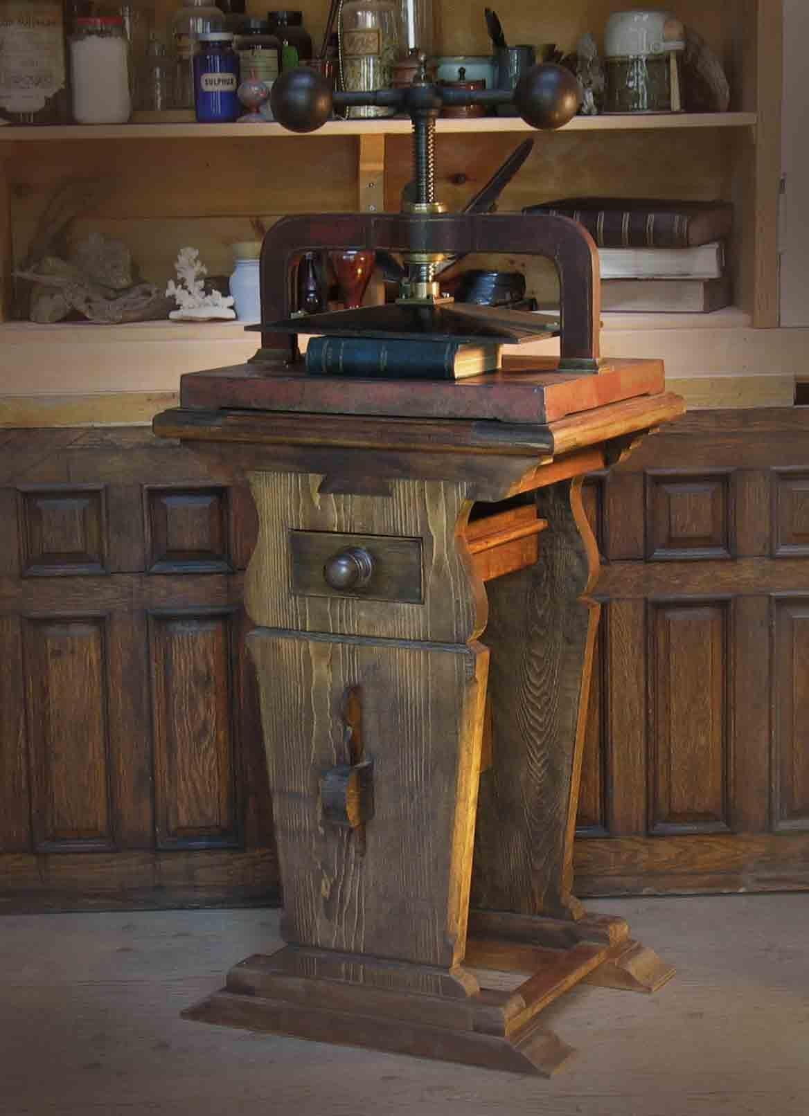 American Large Impressive Cast Iron Copying/Book Press on a Trestle Wood Stand circa 1850