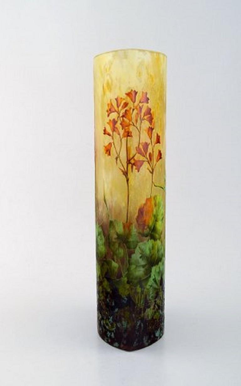 French Large, Impressive Daum Nancy Art Nouveau Vase in Mouth Blown Enamelled Art Glass
