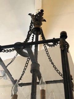 Large Impressive Iron and Wavy Glass Lantern Chandelier