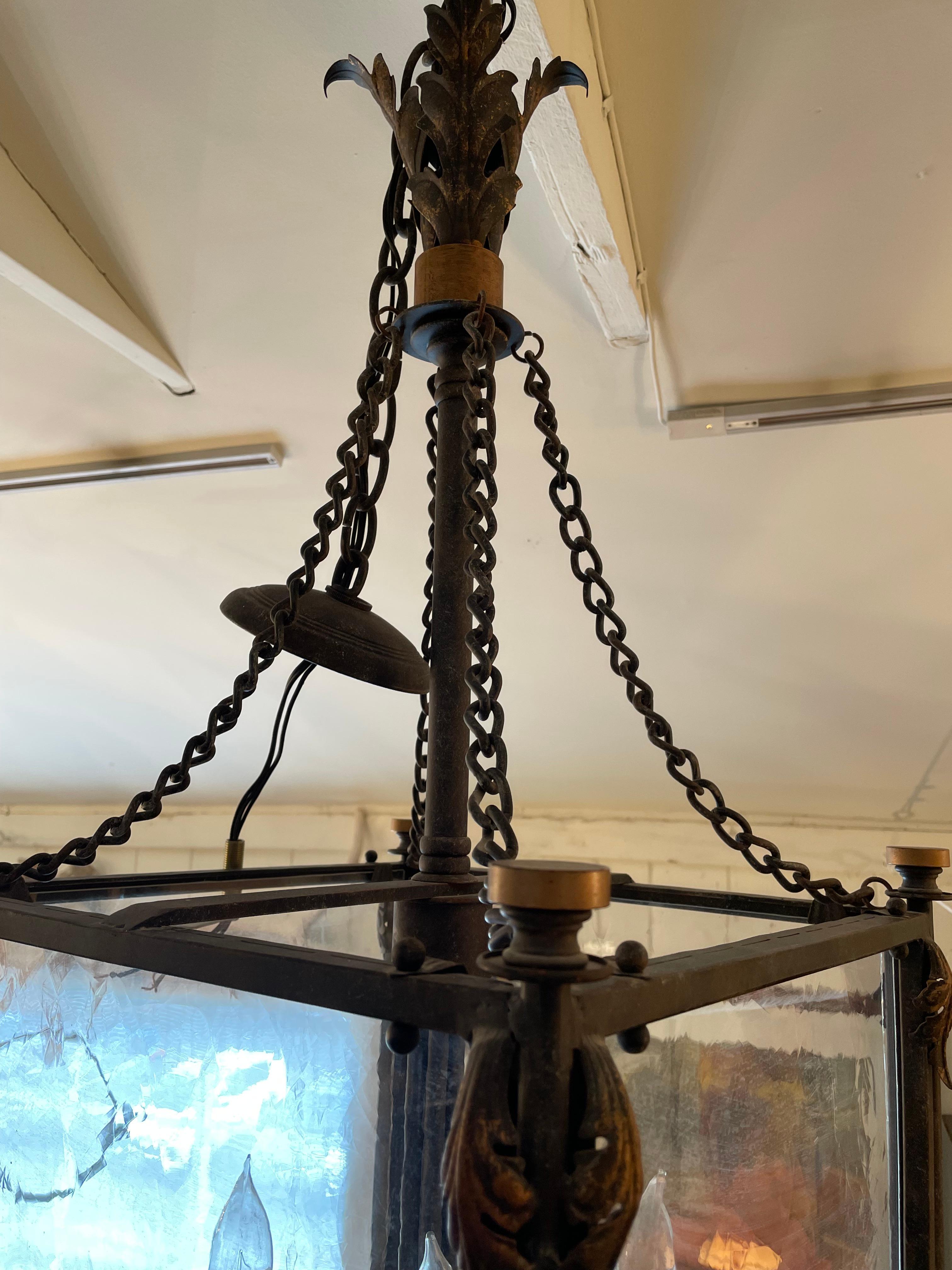 Large Impressive Iron and Wavy Glass Lantern Chandelier In Good Condition For Sale In Hopewell, NJ
