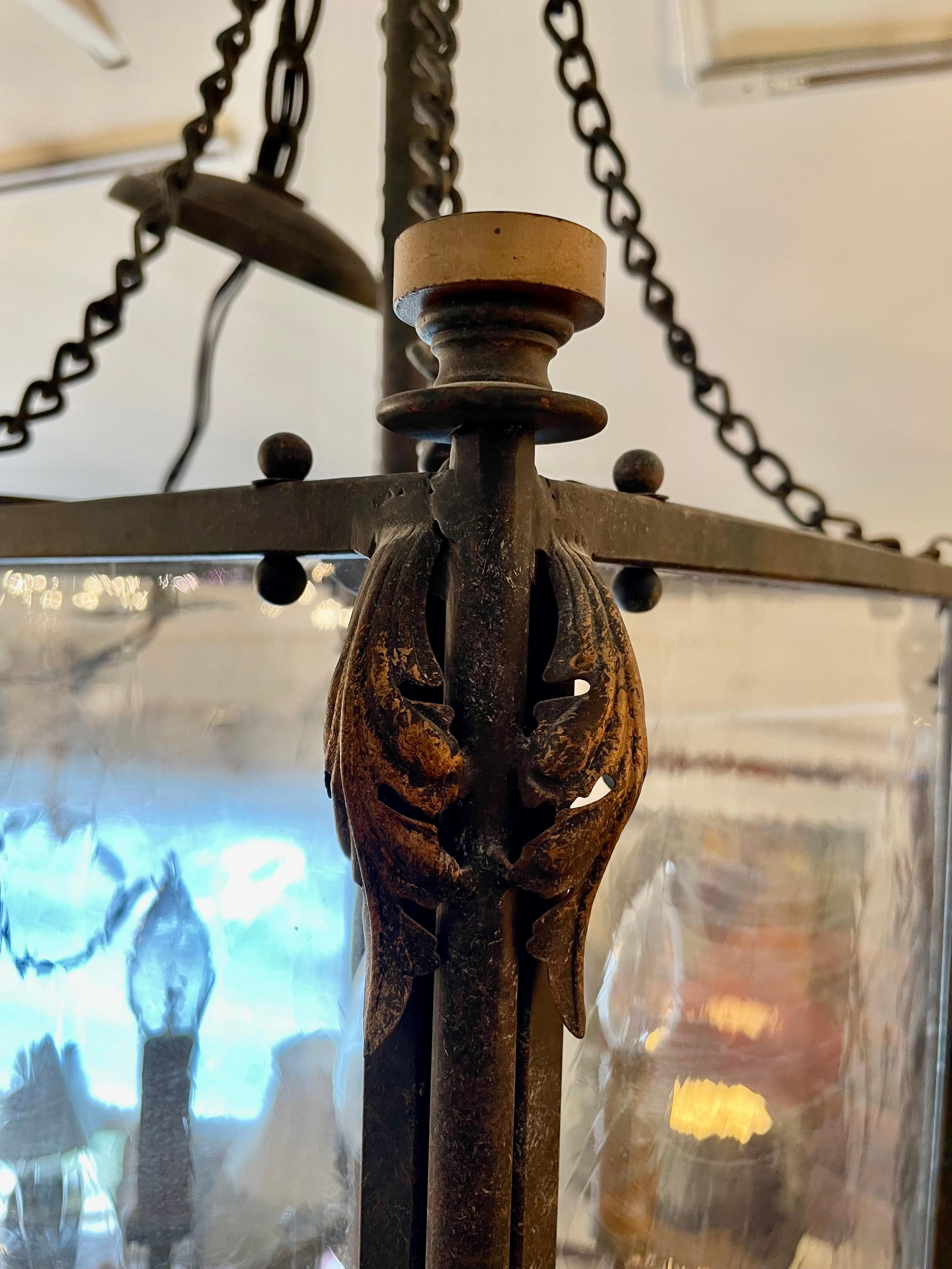 Late 20th Century Large Impressive Iron and Wavy Glass Lantern Chandelier For Sale
