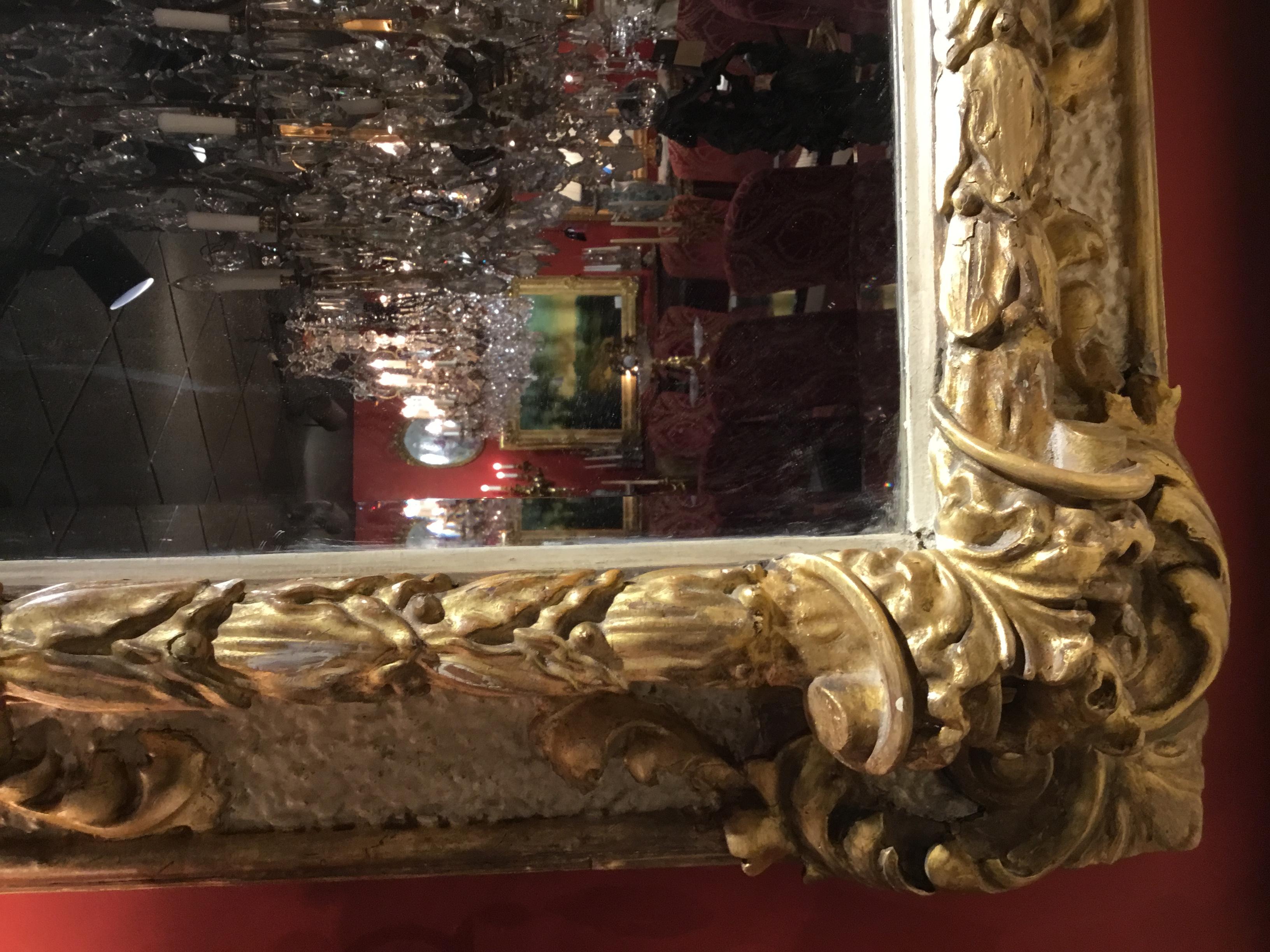 Large Impressive Italian Solid Giltwood Hand Carved Frame on Beveled Mirror In Good Condition For Sale In Houston, TX