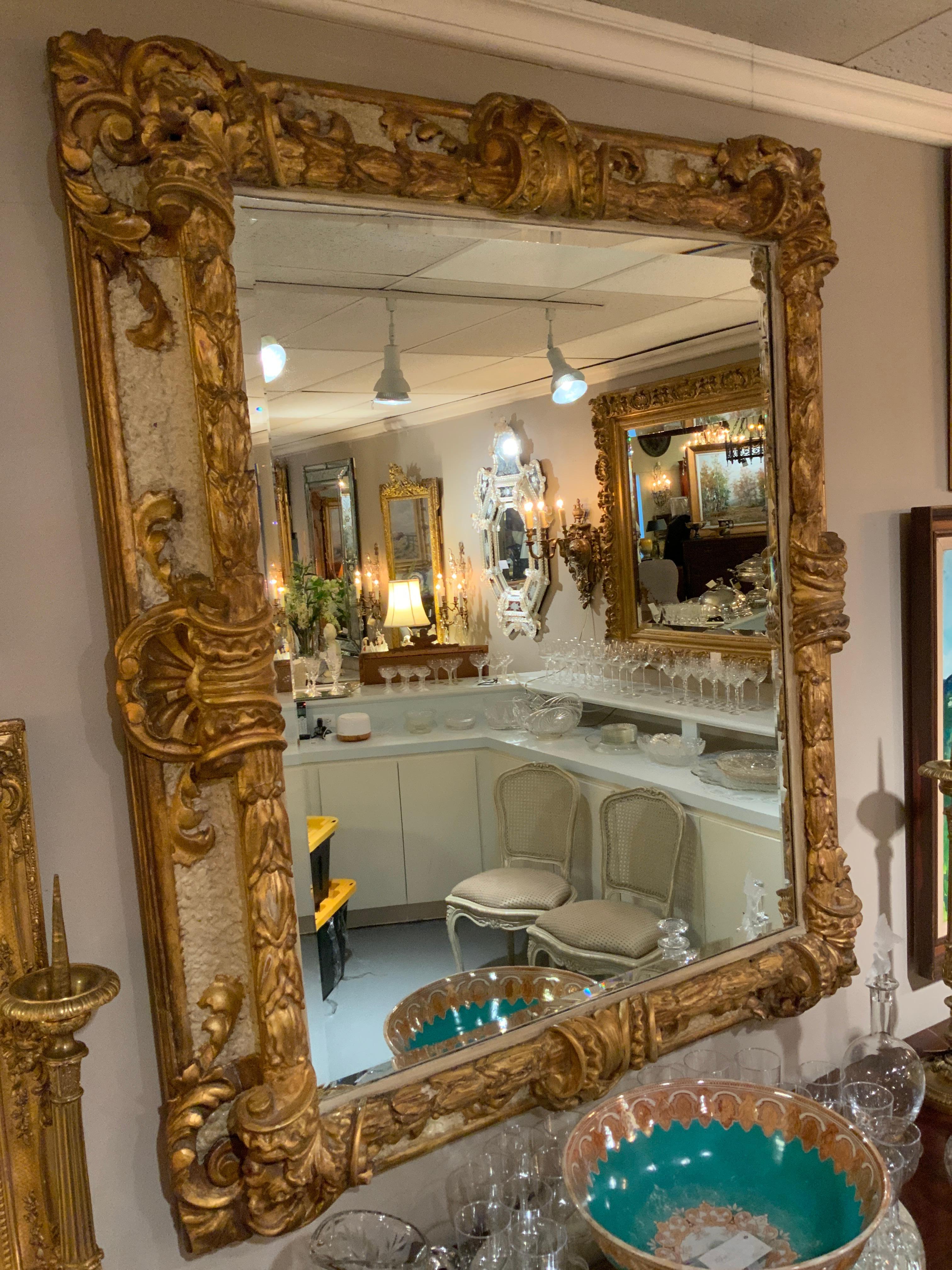 Large Impressive Italian Solid Giltwood Hand Carved Frame on Beveled Mirror For Sale 1