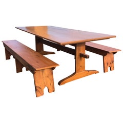 Vintage Large Impressive Maine Artisan Crafted Trestle Farm Table with Matching Benches