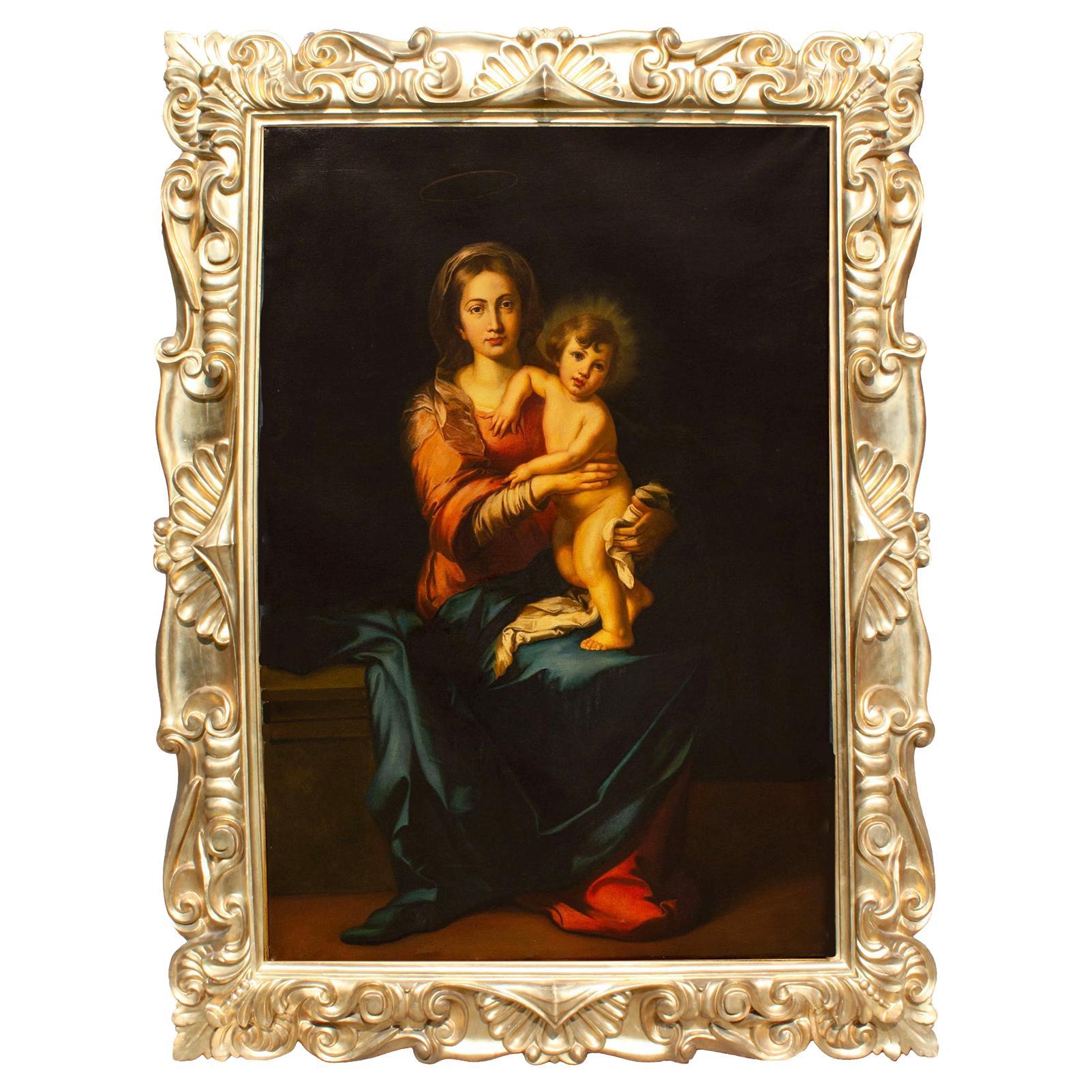 Large & Impressive Oil on Canvas "Madonna & Child" After Murillo - V. Bianchini For Sale