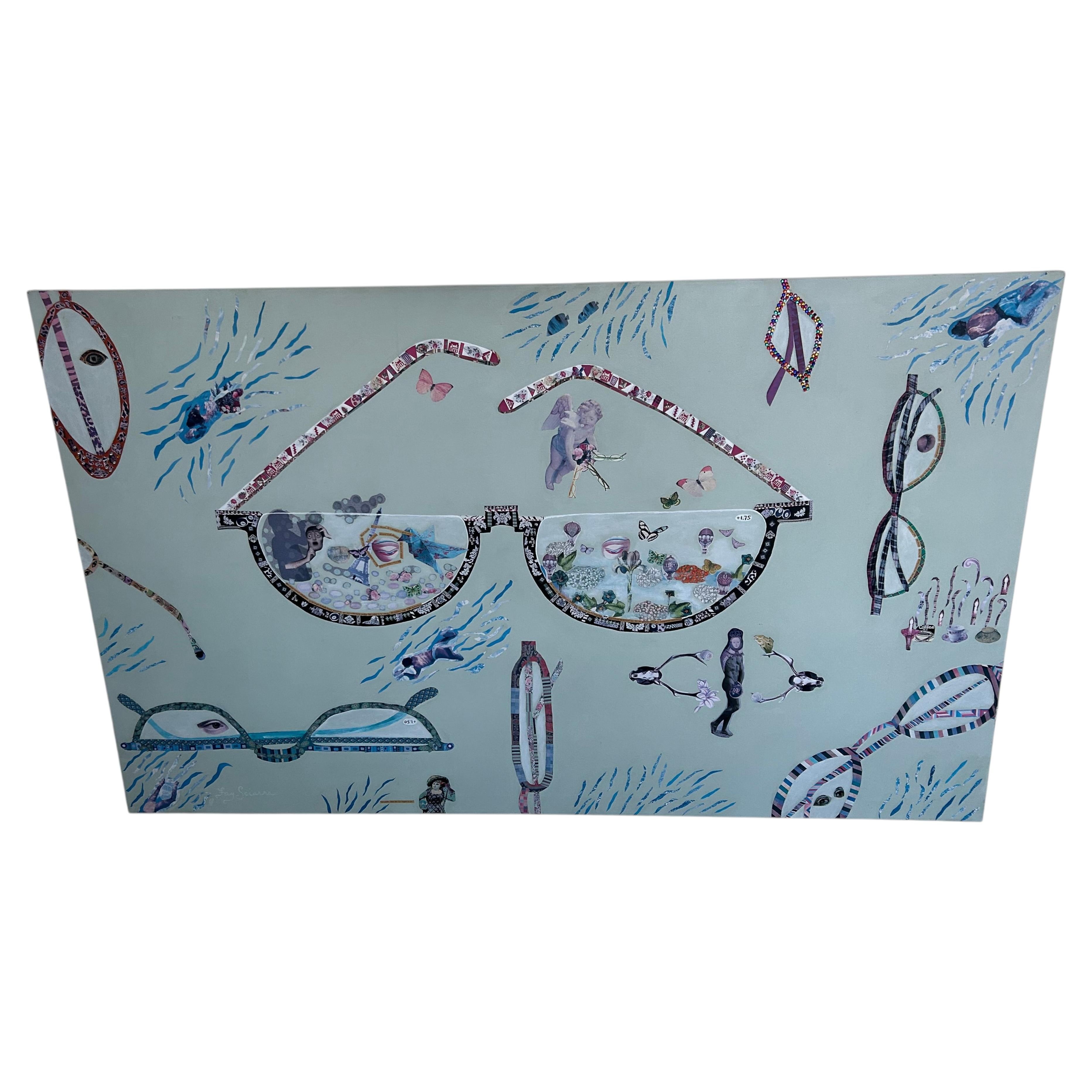 Grande peinture impressionnante Collage avec lunettes de lecture intitulée Looking Deeper en vente