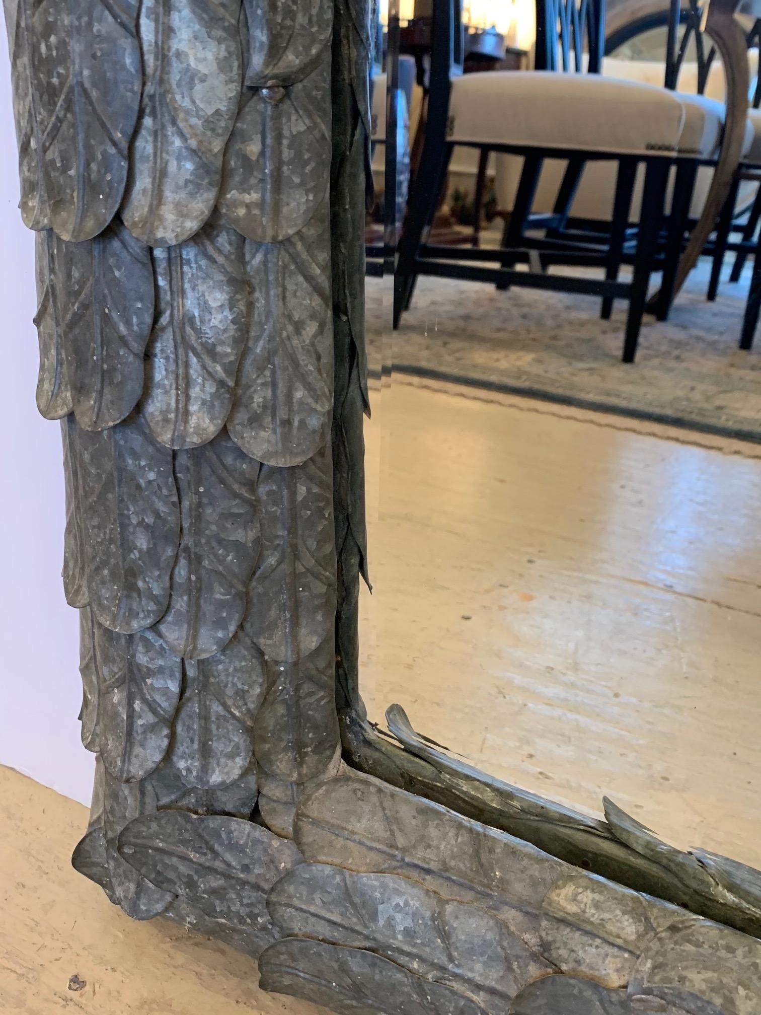 American Large Impressively Textured Zinc Palm Leaf Motife Mirror