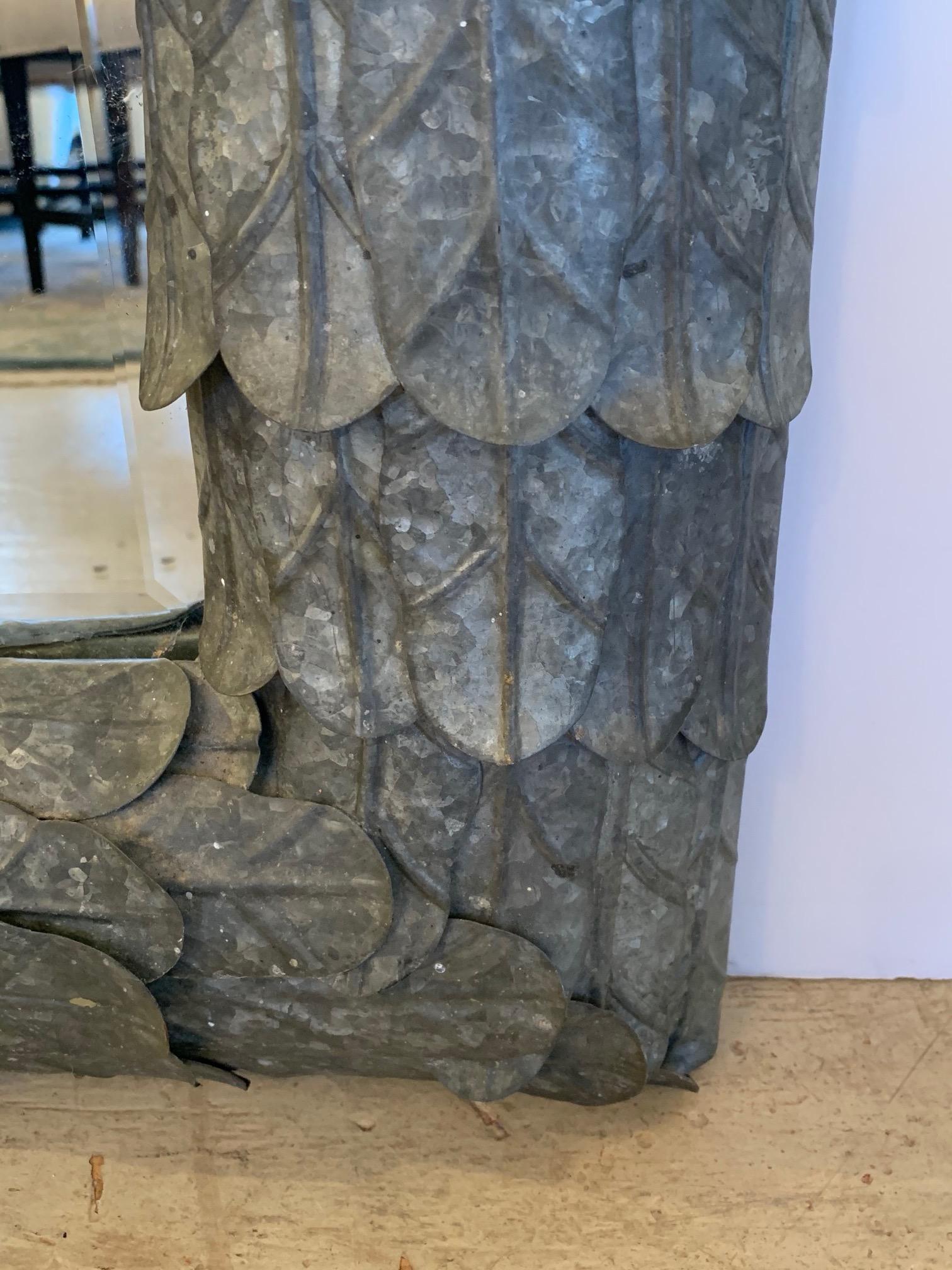 Large Impressively Textured Zinc Palm Leaf Motife Mirror In Excellent Condition In Hopewell, NJ
