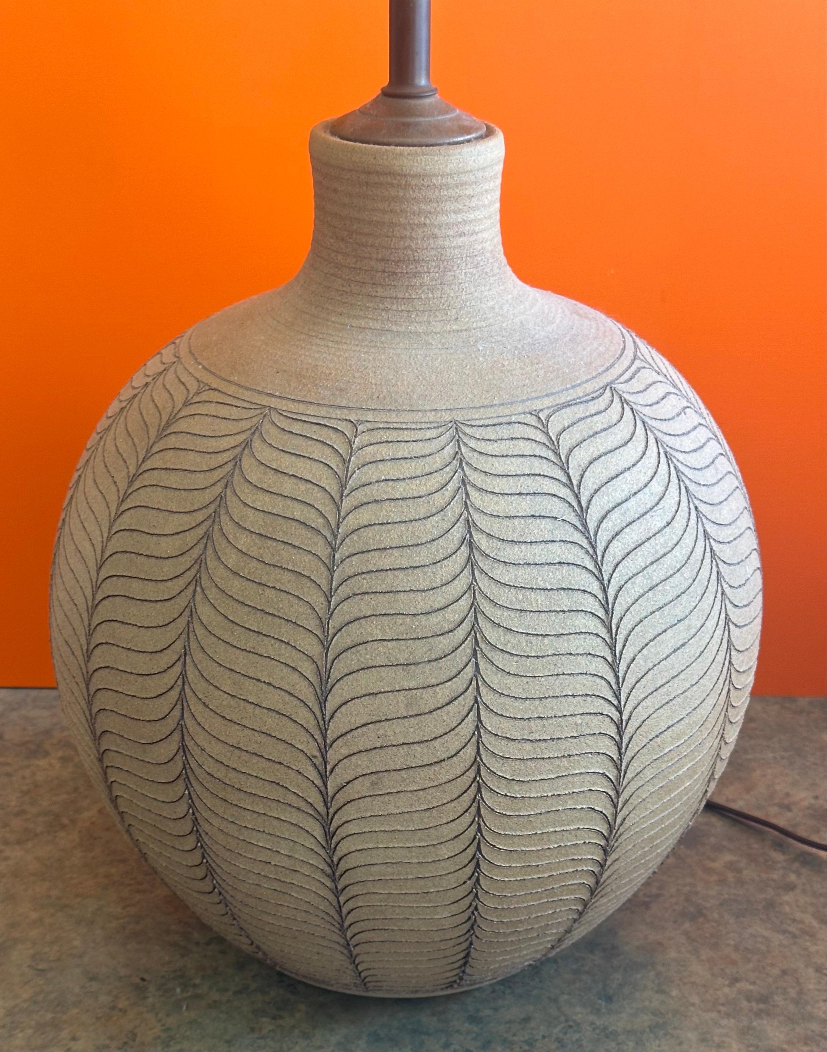 20th Century Large Incised Iron Oxide and Studio Pottery Table Lamp by Larry & Terry Brown For Sale