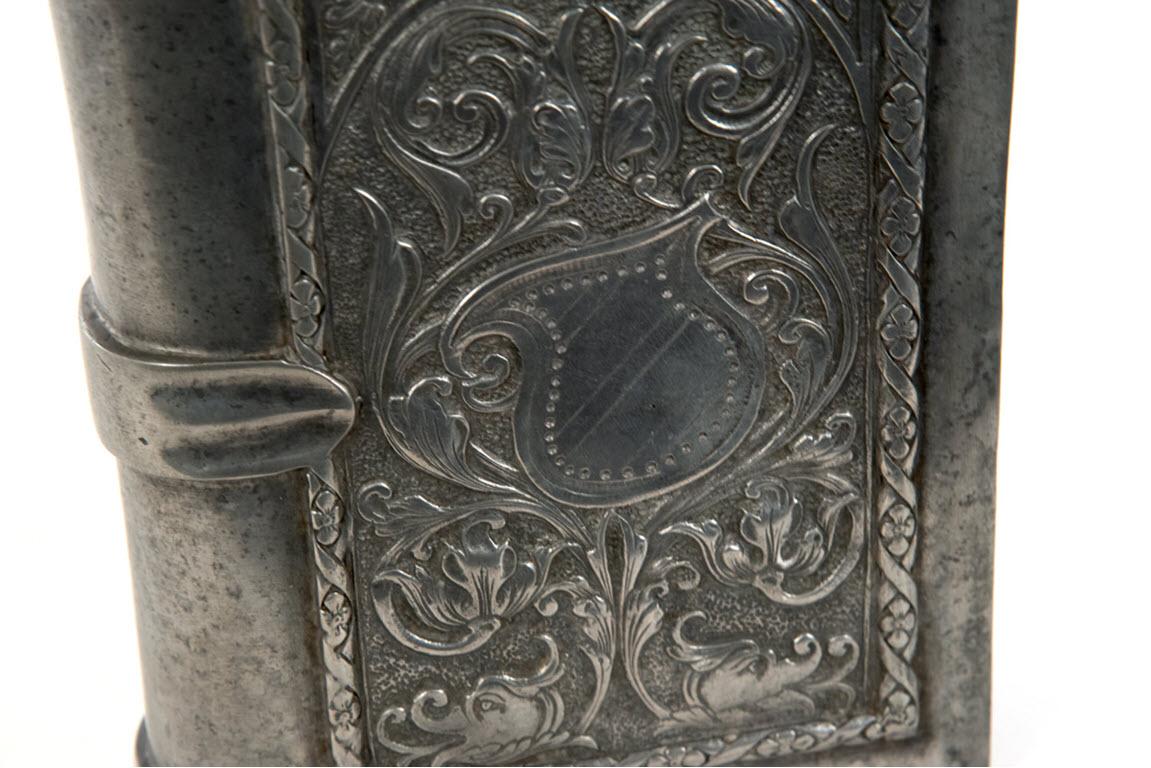 Renaissance Revival Large Incised Pewter Flask in form of a Book For Sale