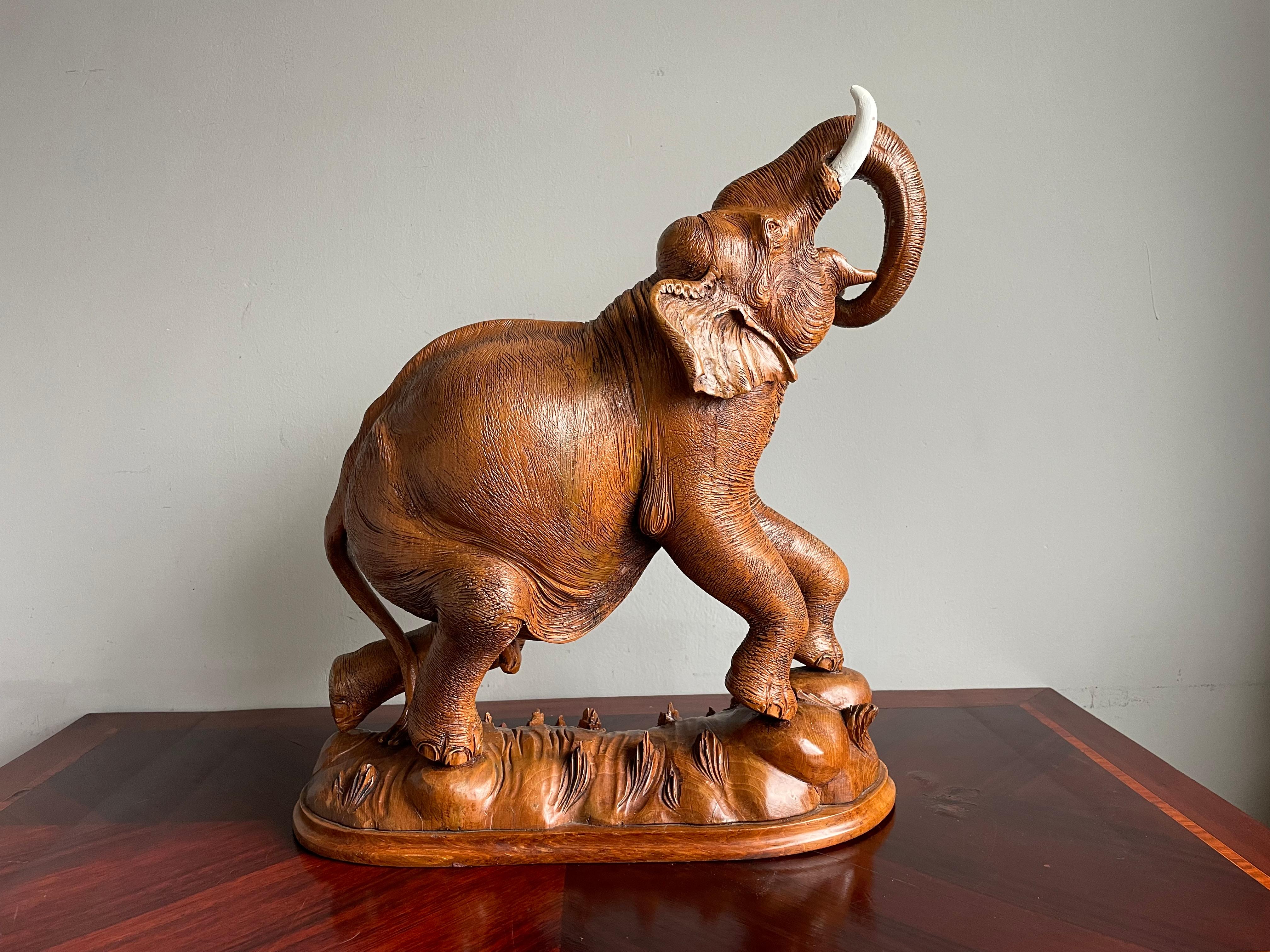 Large & Incredibly Detailed Midcentury Hand Carved Teak Elephant Sculpture Pair For Sale 3