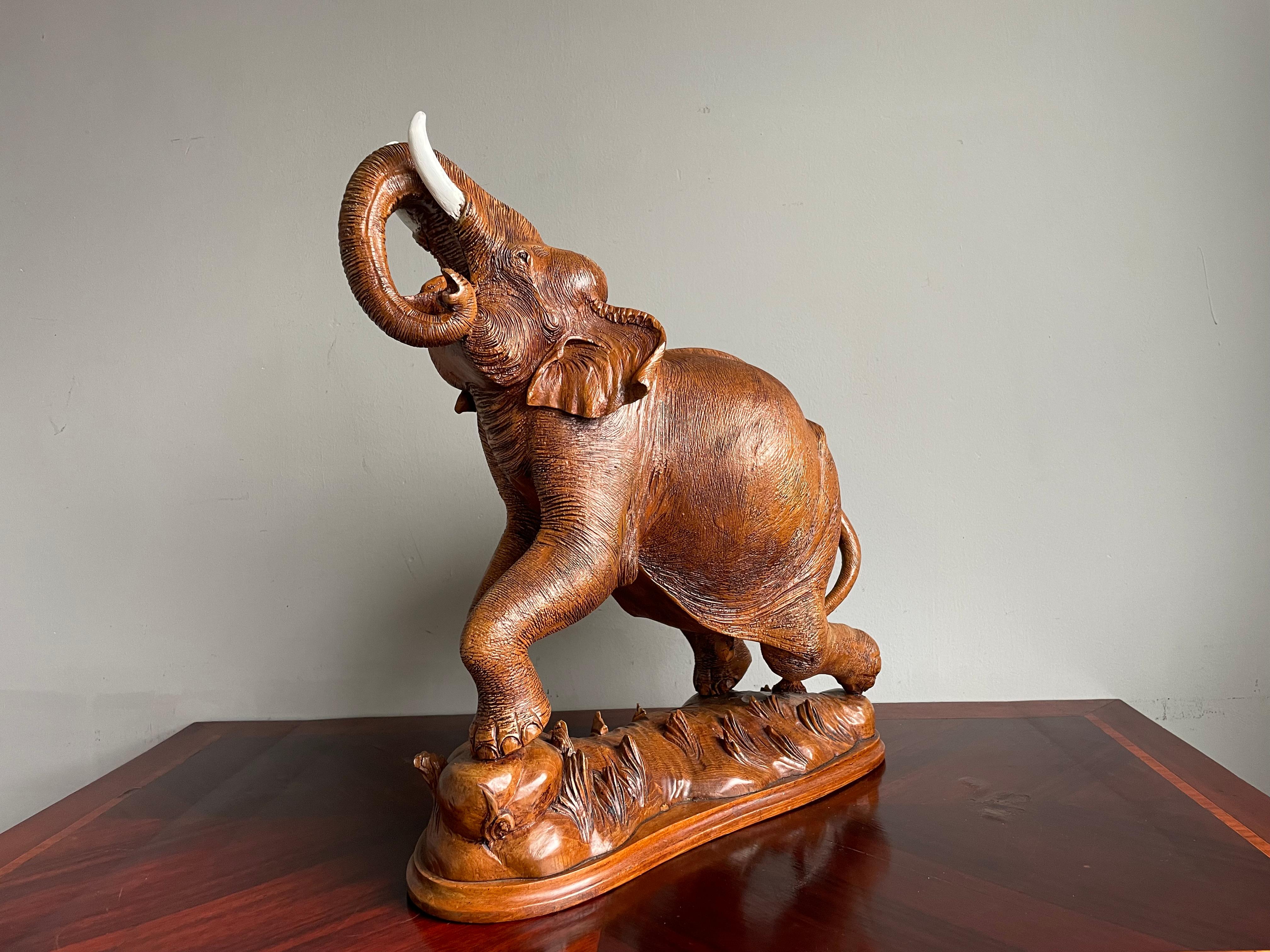 Large & Incredibly Detailed Midcentury Hand Carved Teak Elephant Sculpture Pair For Sale 4
