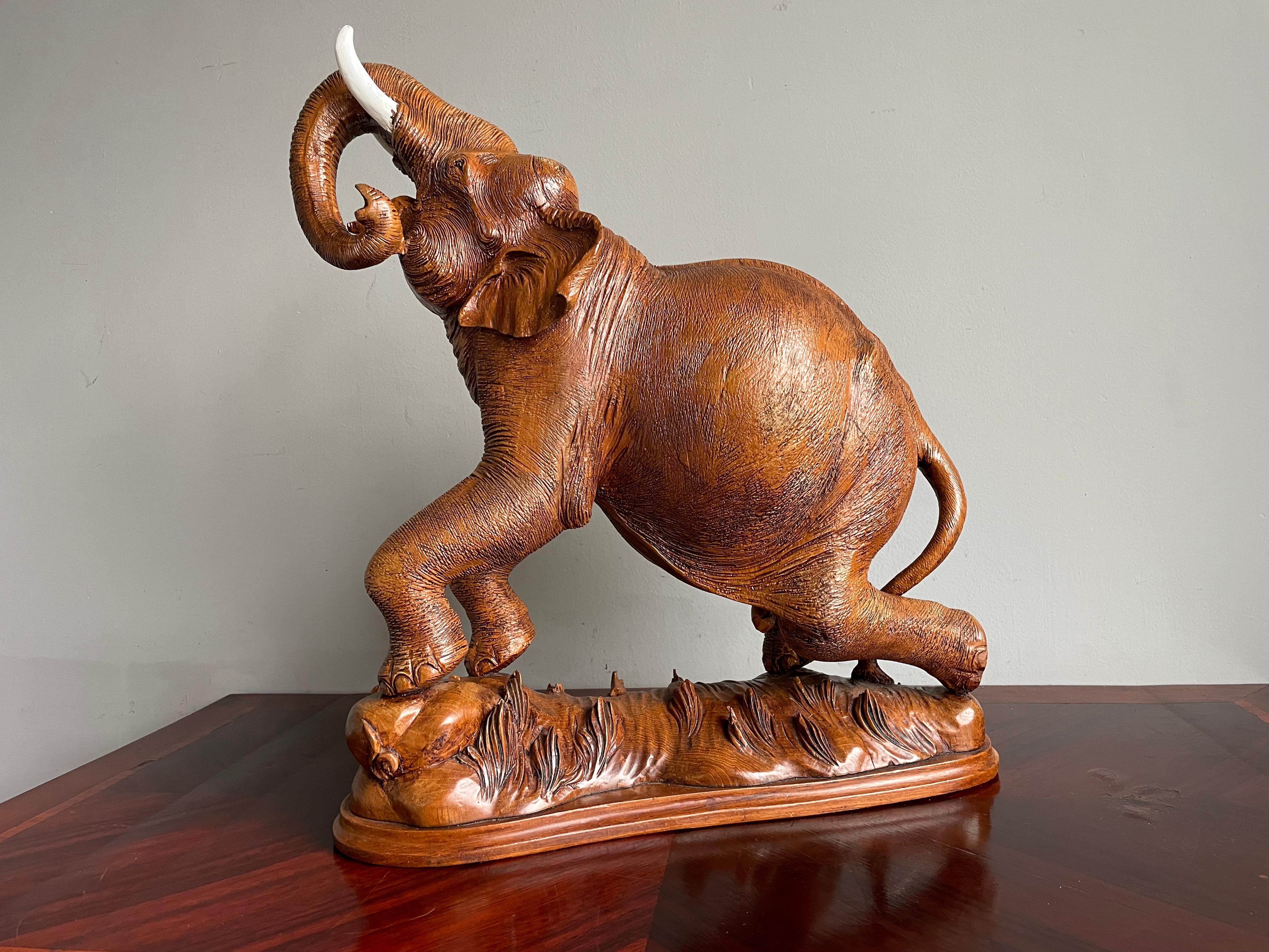 Large & Incredibly Detailed Midcentury Hand Carved Teak Elephant Sculpture Pair For Sale 6