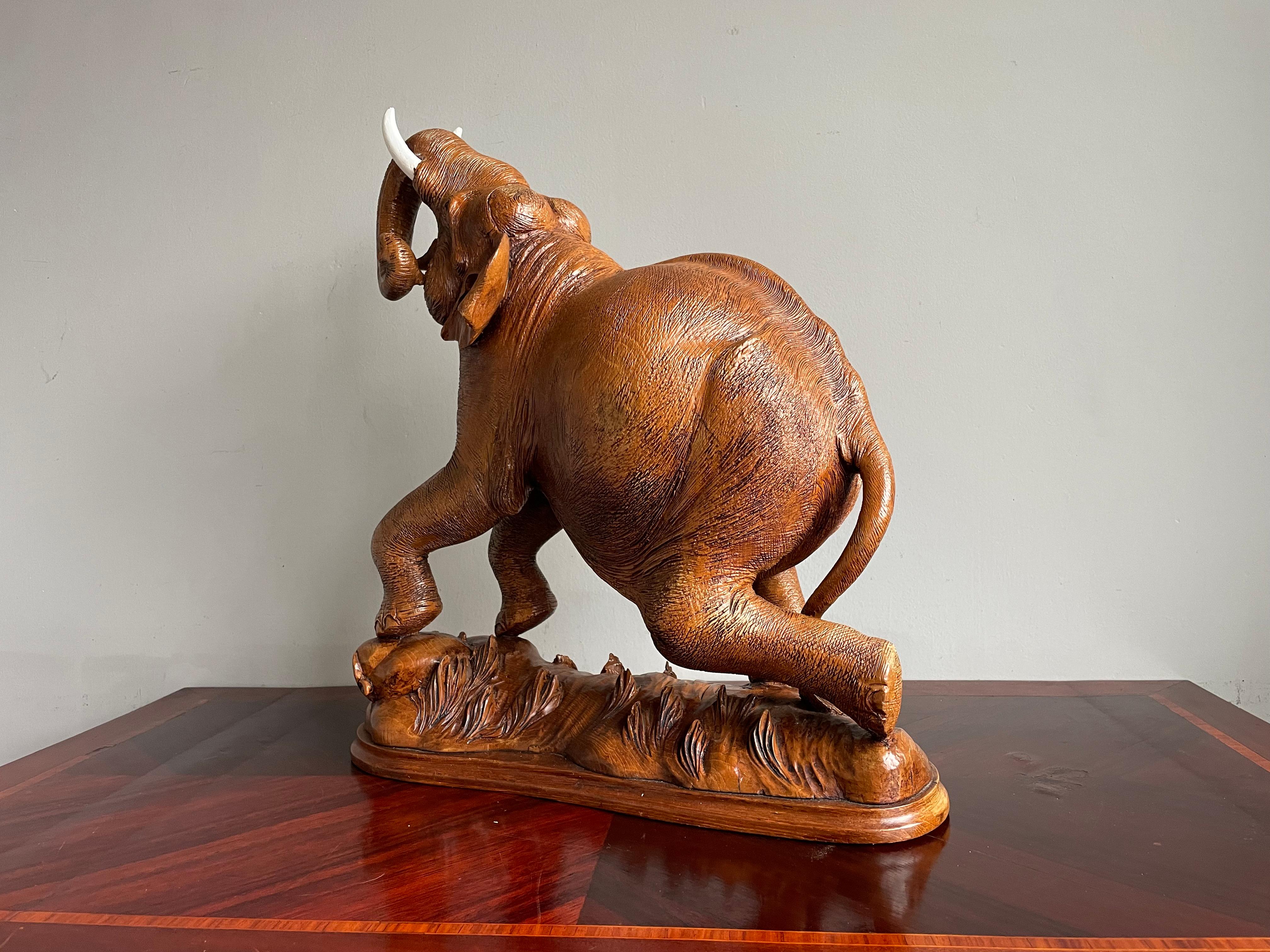 Large & Incredibly Detailed Midcentury Hand Carved Teak Elephant Sculpture Pair For Sale 7