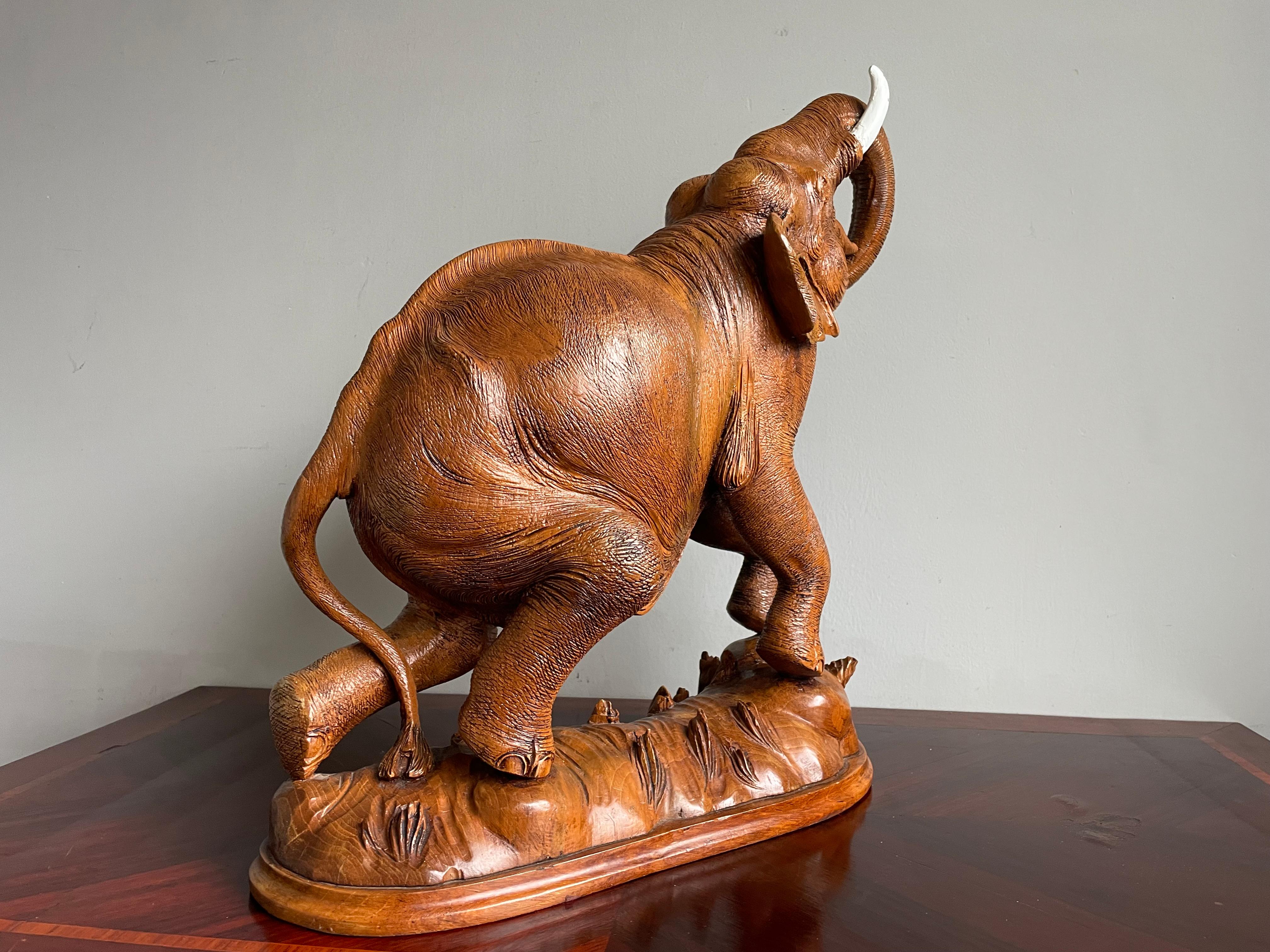 Large & Incredibly Detailed Midcentury Hand Carved Teak Elephant Sculpture Pair For Sale 9