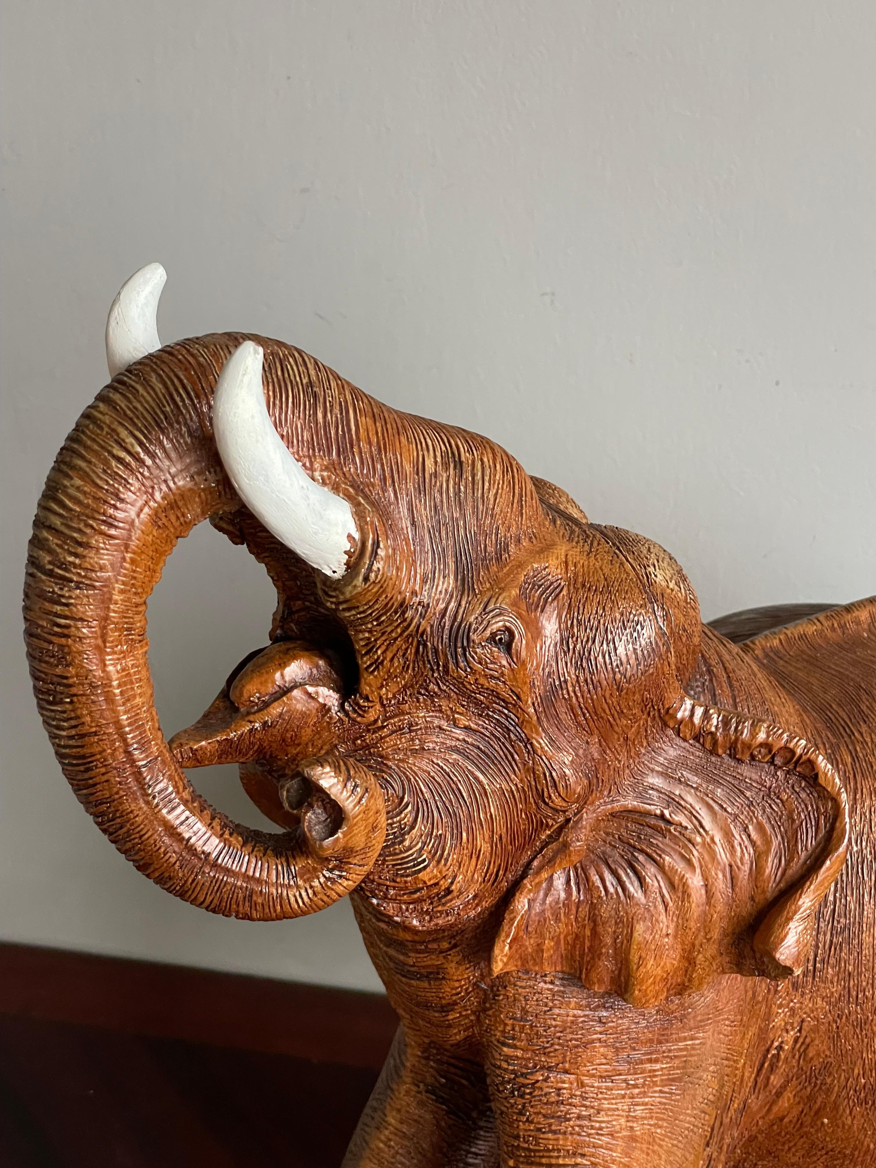Large & Incredibly Detailed Midcentury Hand Carved Teak Elephant Sculpture Pair For Sale 10