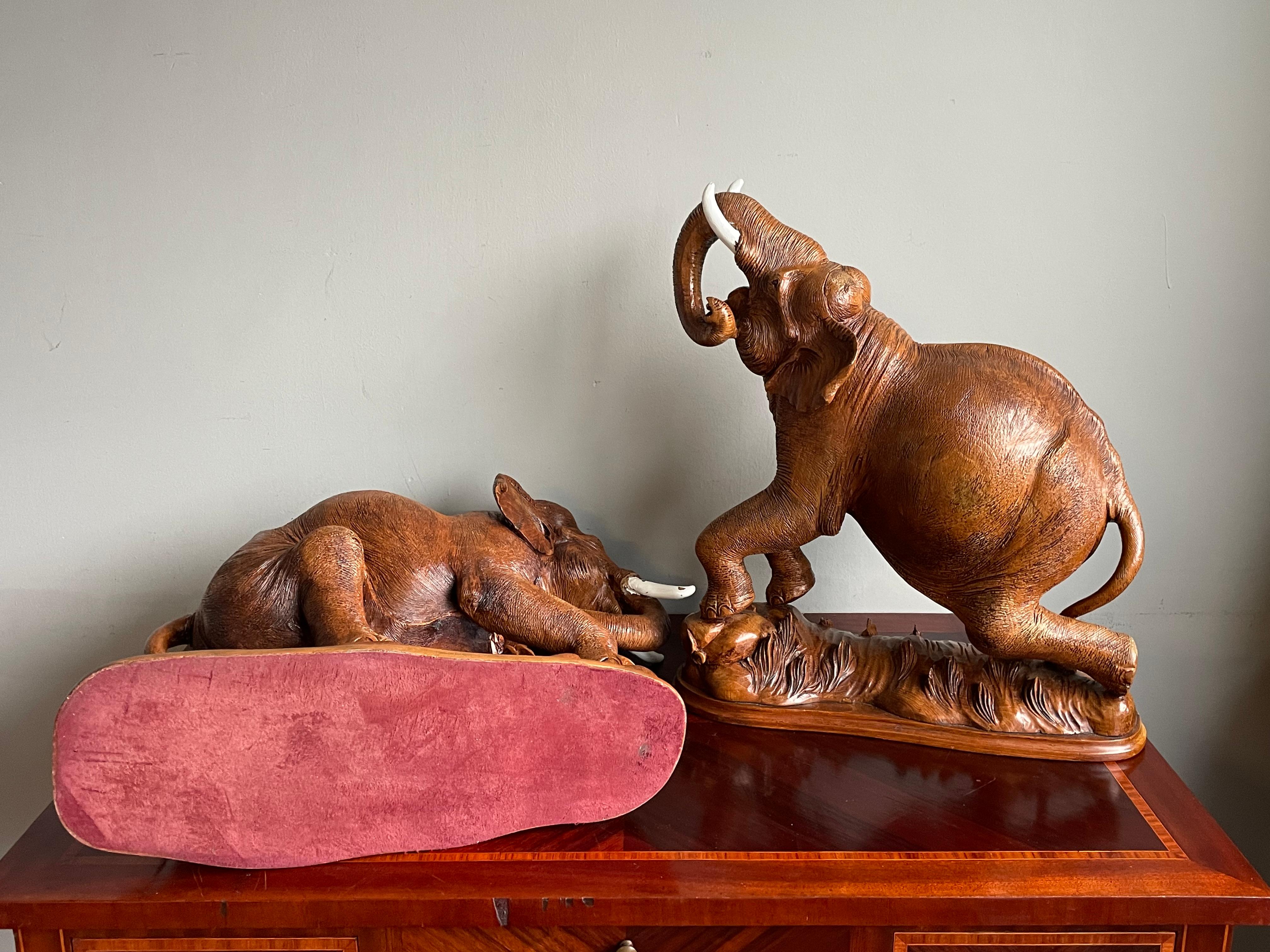 Large & Incredibly Detailed Midcentury Hand Carved Teak Elephant Sculpture Pair For Sale 11