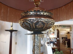 Large Indian Brass Lamp Standard Embossed with Elephants and Hindi Deities