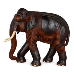 Large Indian Carved Painted Brown Wood Elephant Sculpture