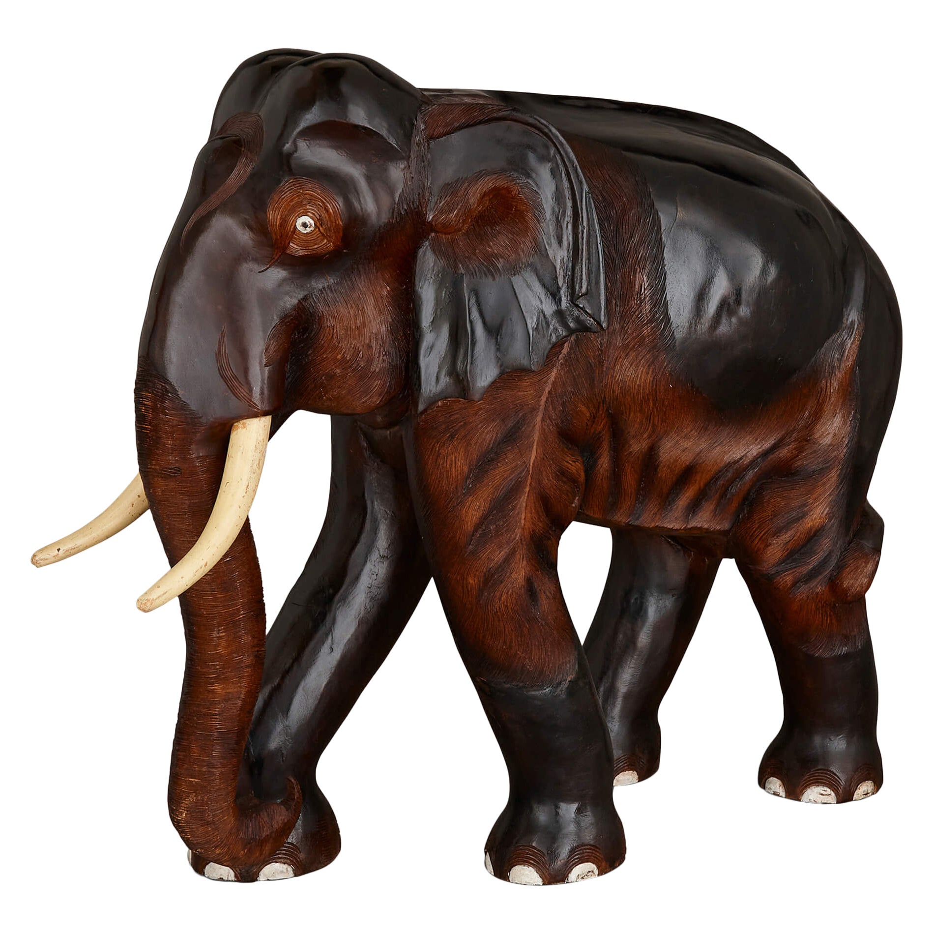 Large Indian Carved Painted Brown Wood Elephant Sculpture