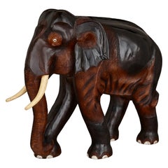 Large Indian Carved Painted Brown Wood Elephant Sculpture