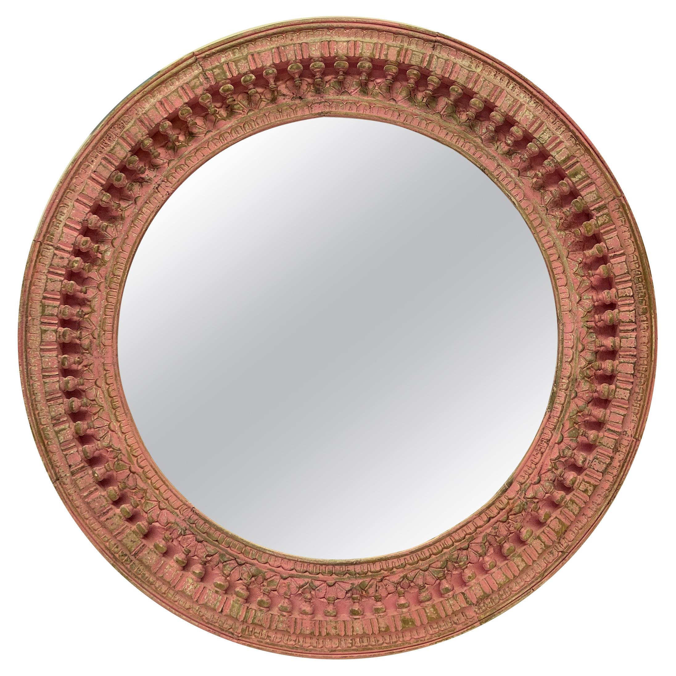 Large Indian Carved & Painted Circular Mirror