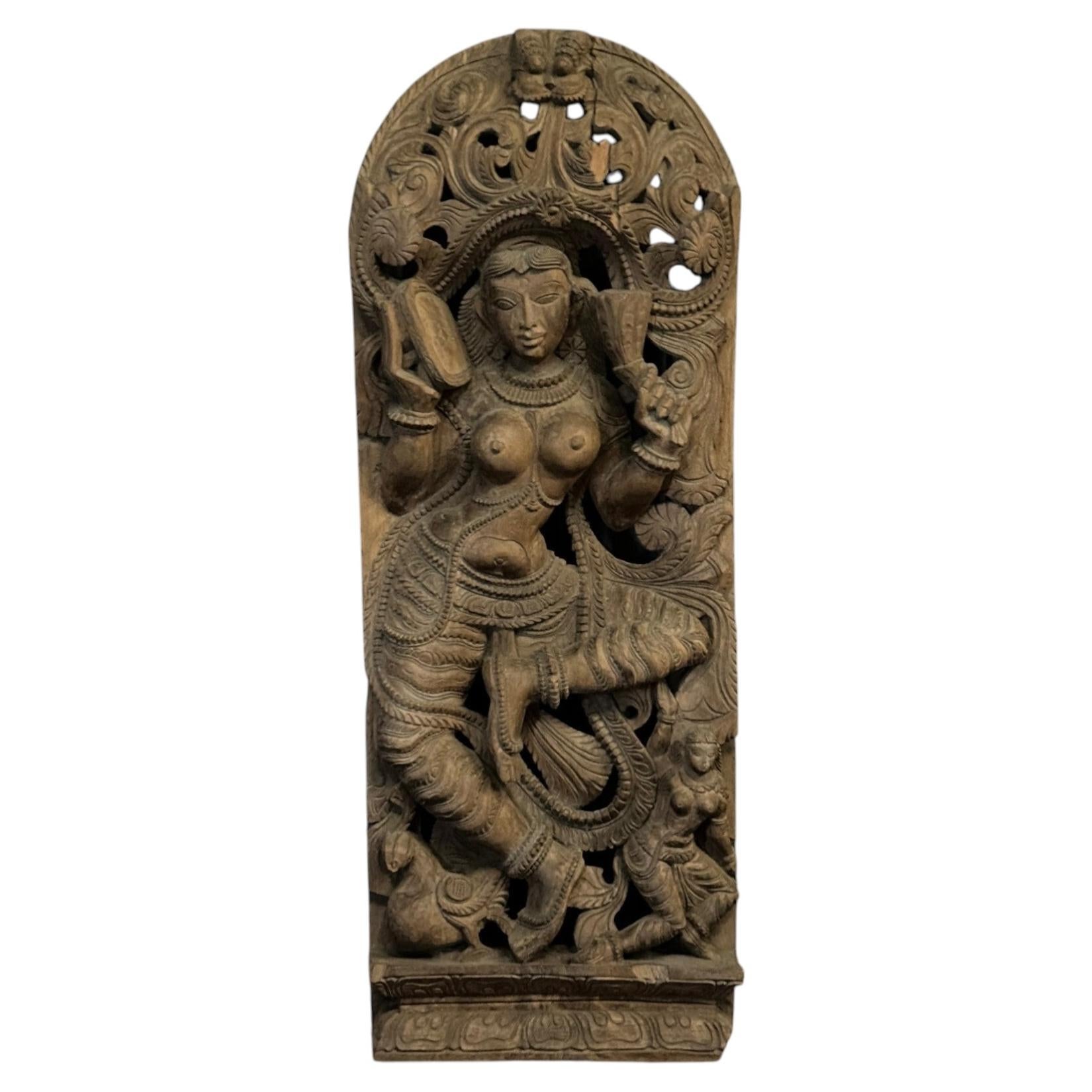 *Large Indian Carved Wooden Bas-Relief Depicting a Goddess, 20th Century