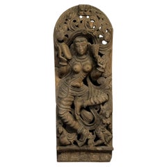 *Large Indian Carved Wooden Bas-Relief Depicting a Goddess, 20th Century