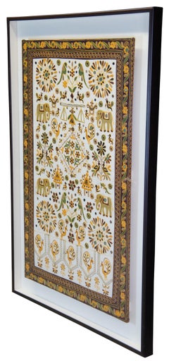 Large Indian Embroidered Needlepoint Tapestry Shadowbox Floral Elephant Bird