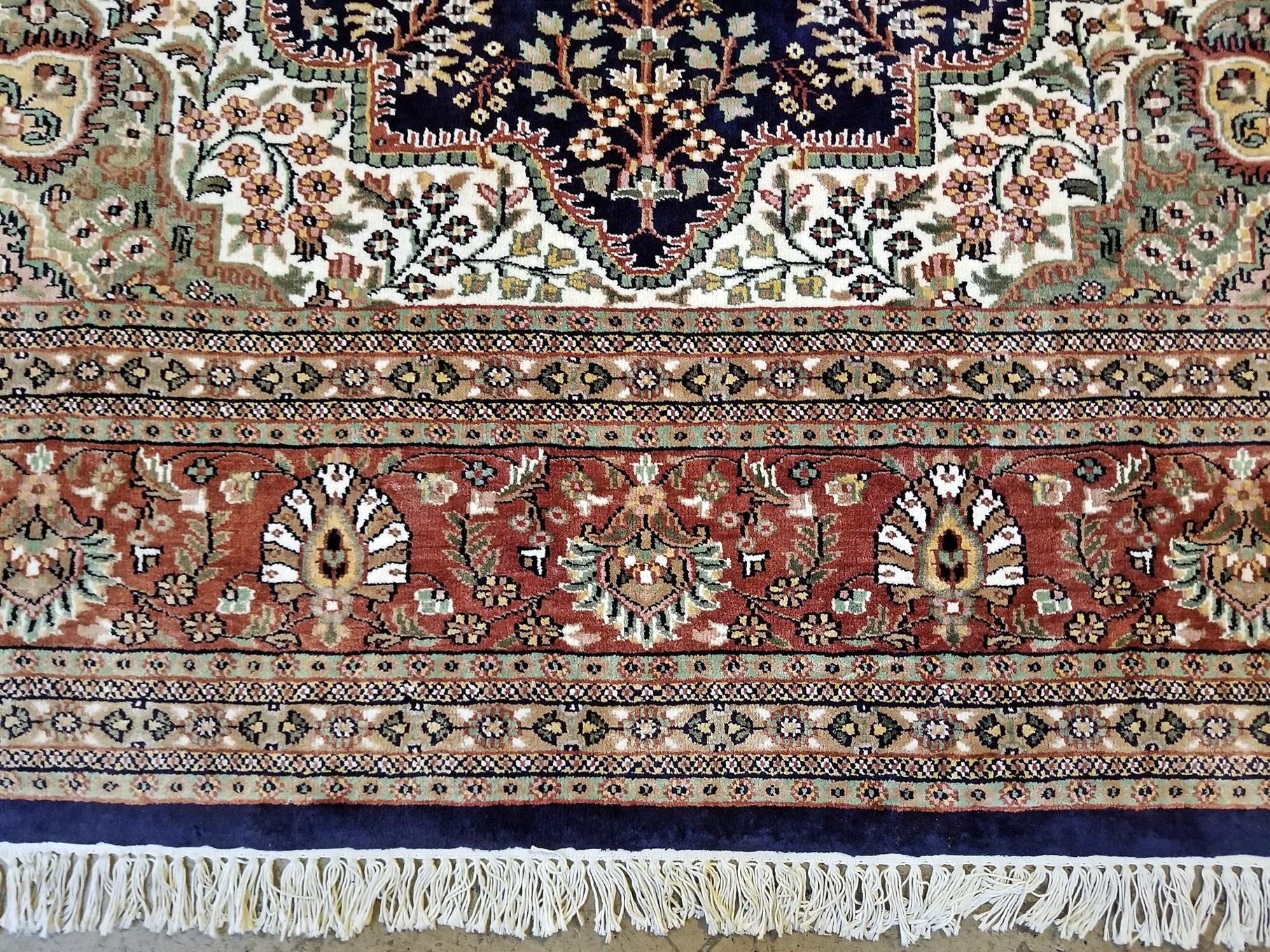 Anglo Raj Large Indian Kashmir Silk Area Rug, Sapphire Blue, Green, Brown and Cream