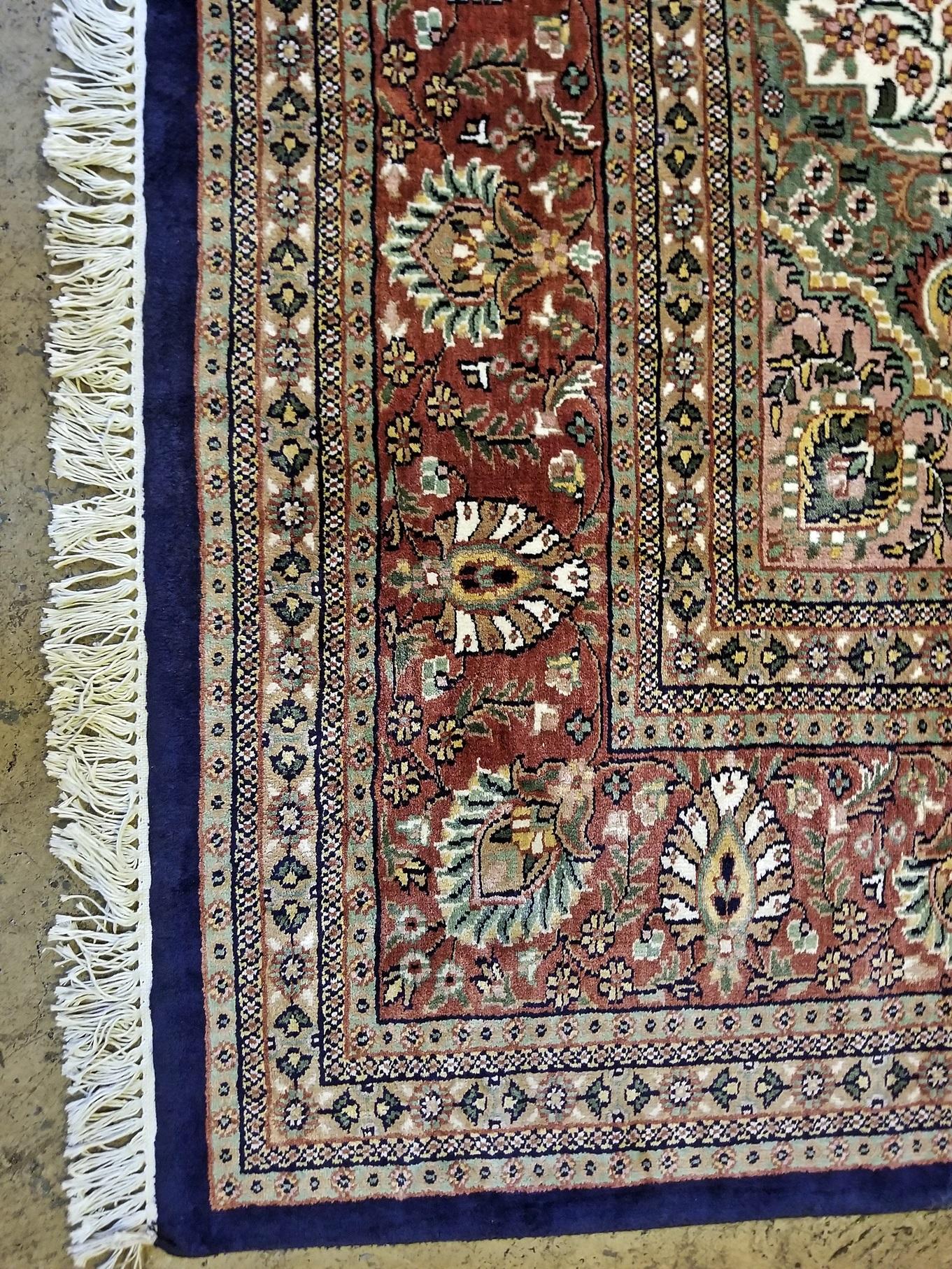 Hand-Woven Large Indian Kashmir Silk Area Rug, Sapphire Blue, Green, Brown and Cream