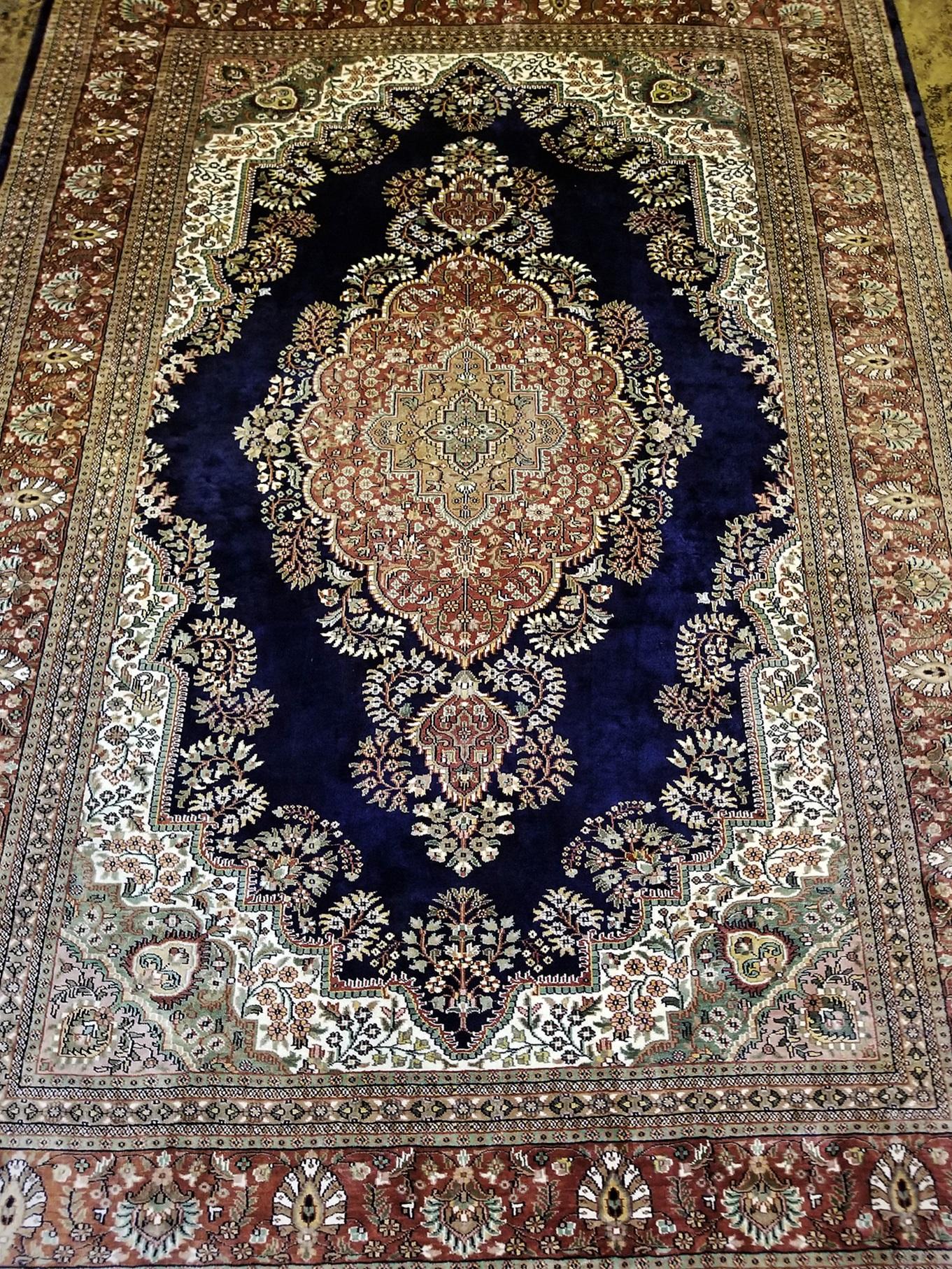 Large Indian Kashmir Silk Area Rug, Sapphire Blue, Green, Brown and Cream In Good Condition In Dallas, TX