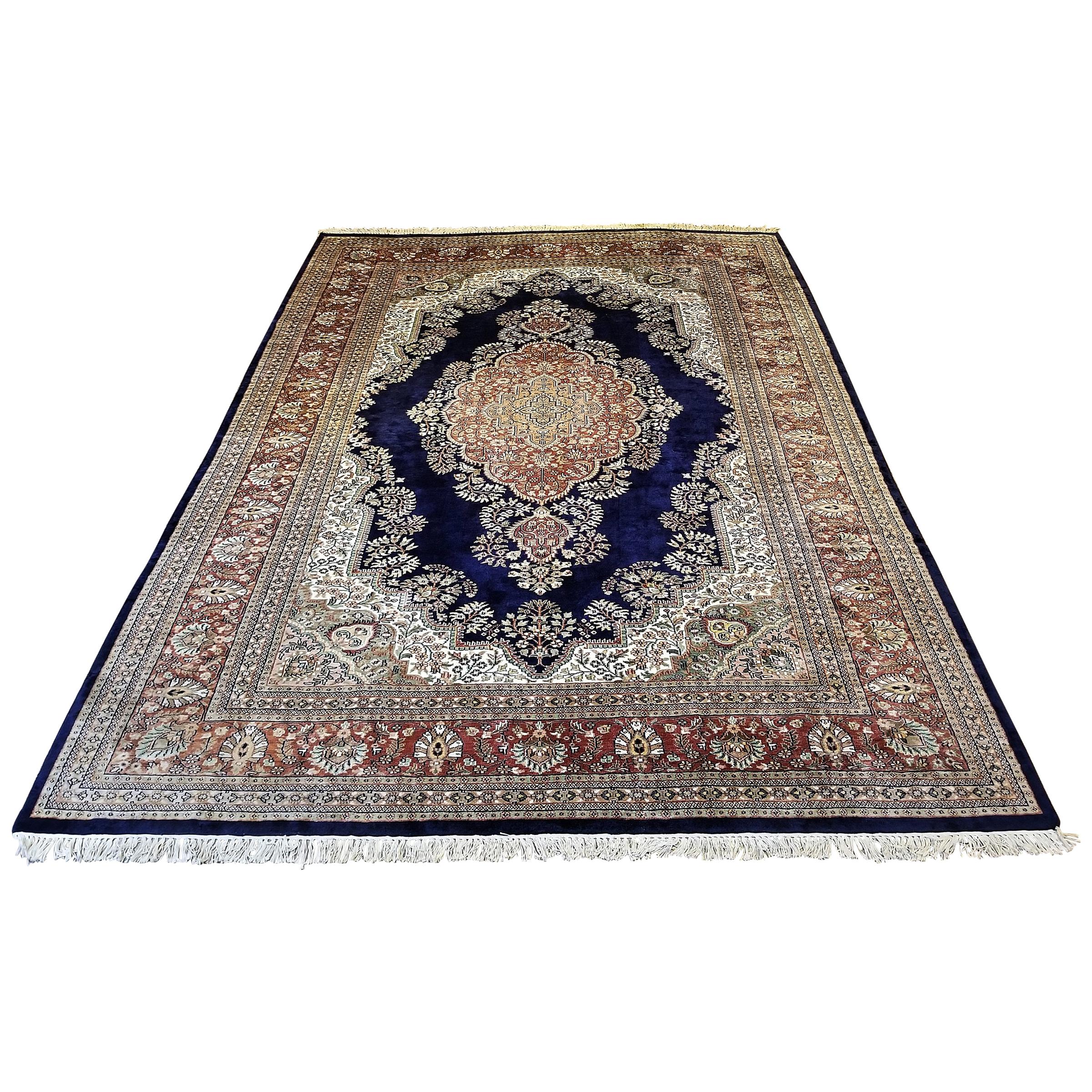 Large Indian Kashmir Silk Area Rug, Sapphire Blue, Green, Brown and Cream