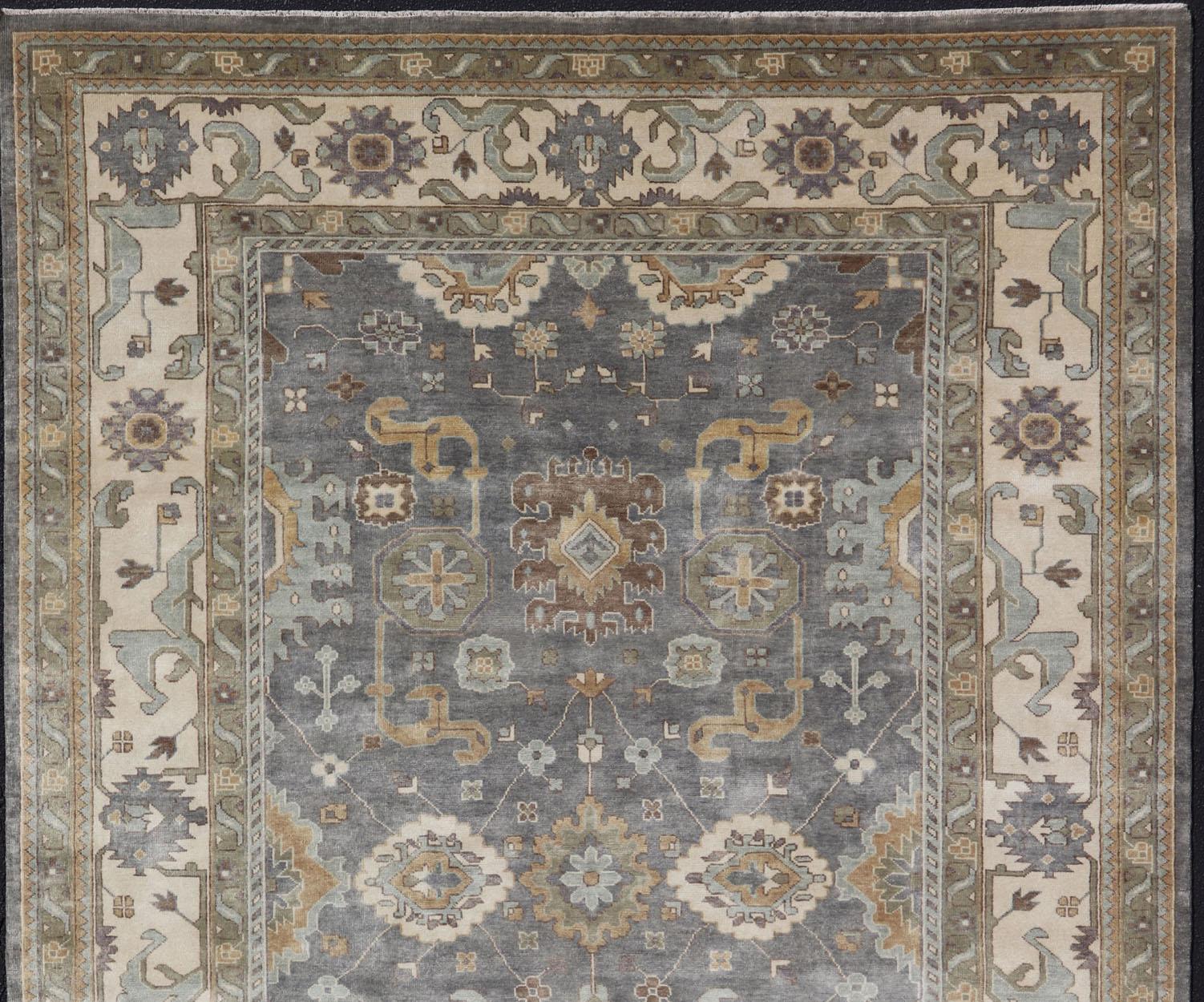 Großer handgeknüpfter indischer Oushak-Teppich in verblassten Erdtönen in 9'10 x 14'2 im Angebot 2