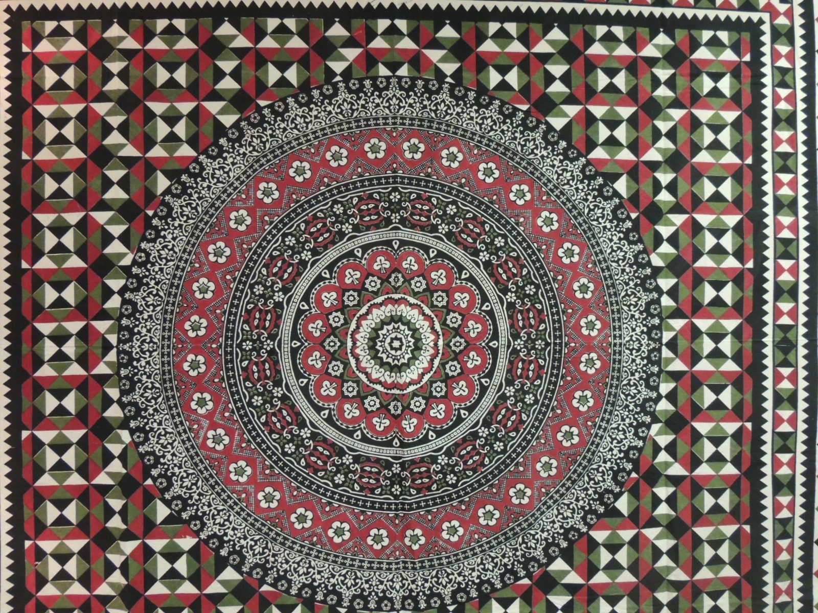 Large Indian red and black with green hand-blocked printed on cotton cloth/bed cover.
Large centre medallion depicting flowers.
Size: 94