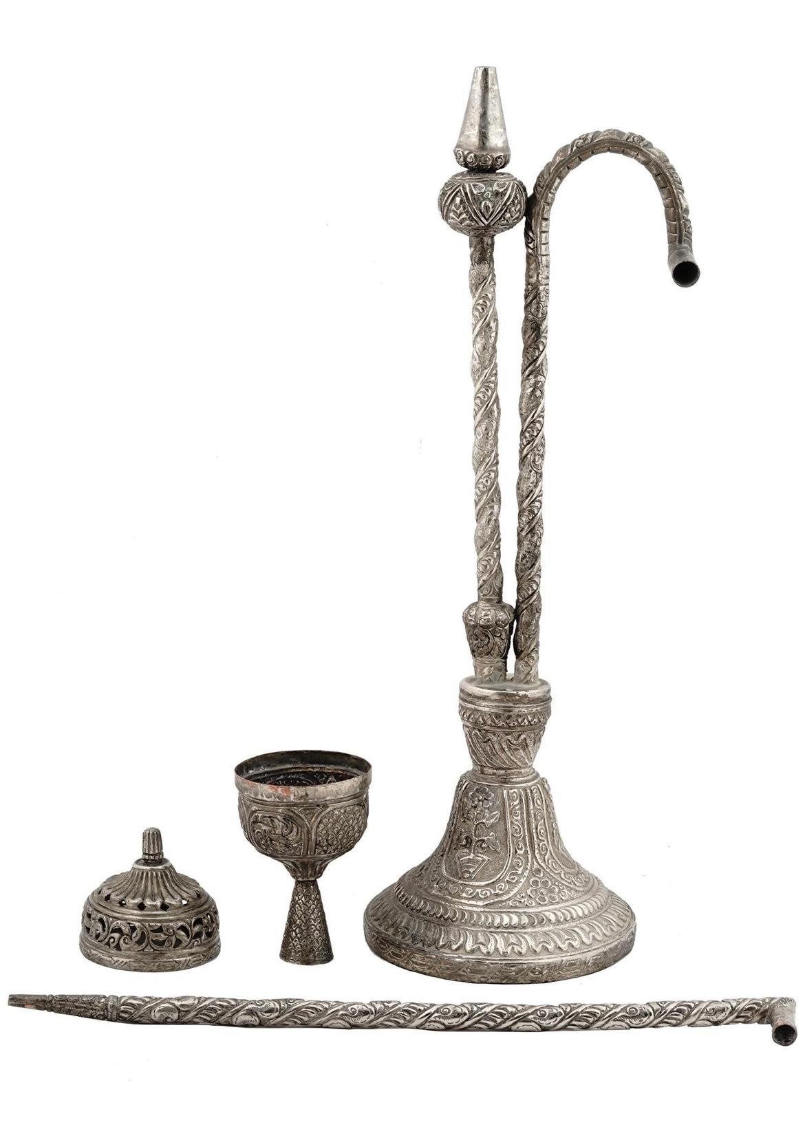 20th Century  Large Indian repouse Middle Eastern style Silver plated  Hookah For Sale