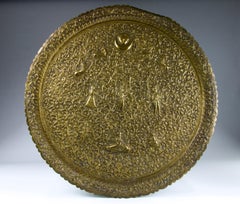Large Indo-Persian Tray in Embossed Brass, India 19th Century