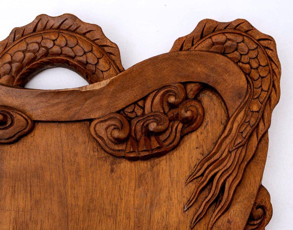 Large Indochinese Solid Wood Tray - Dragons - Period: Art Nouveau In Excellent Condition In CRÉTEIL, FR