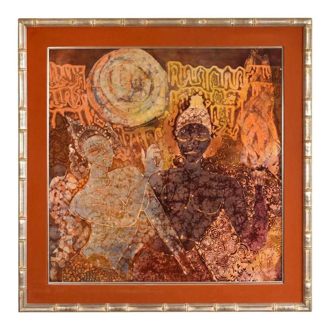 Large Indonesian Batik Painting, Figural Design, 1970s, Silver Frame For Sale