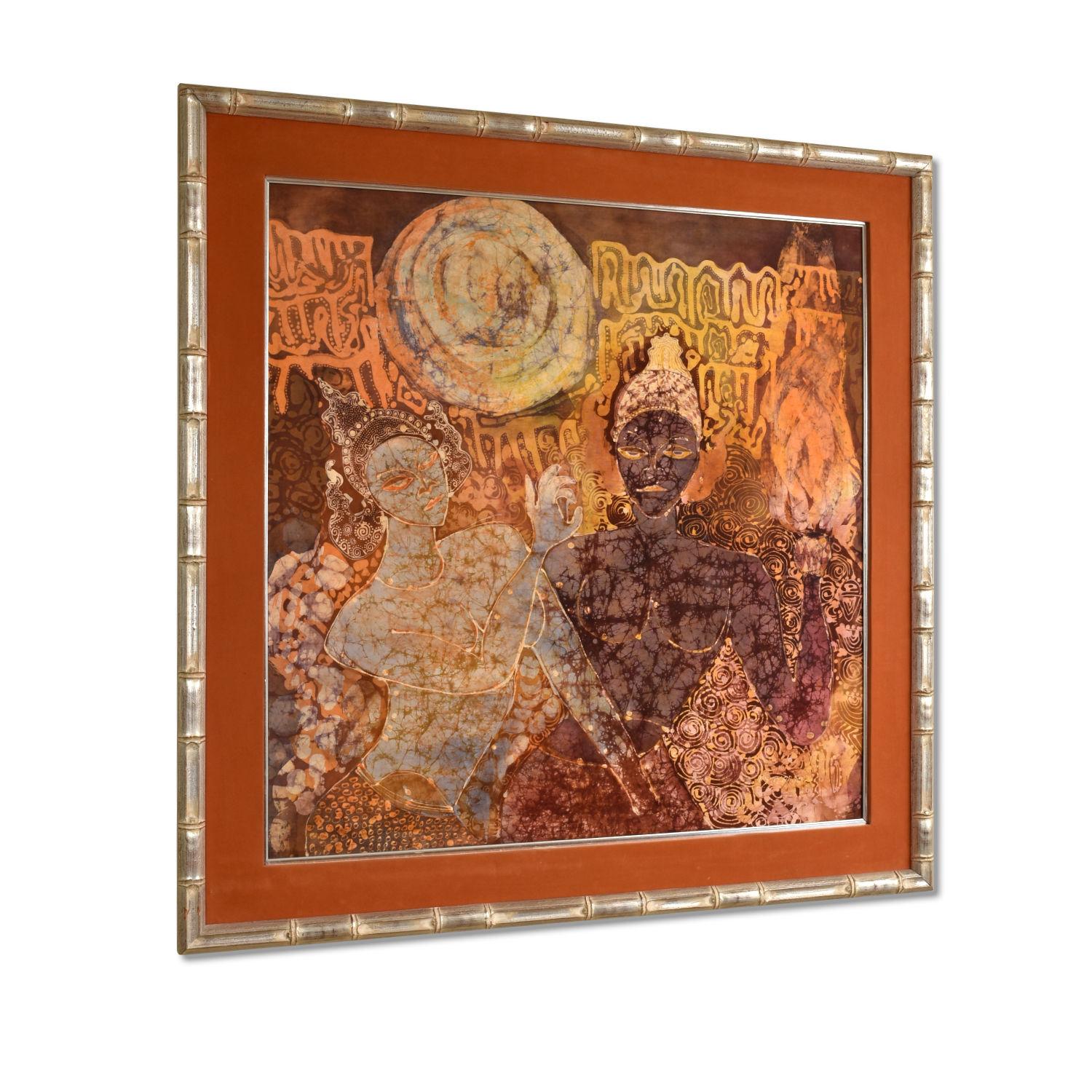 Große Indonesische figurale Batik-Figurenfigur aus Silber-Bambusimitat in gebranntem Orange und Indigo (Anglo-indisch) im Angebot