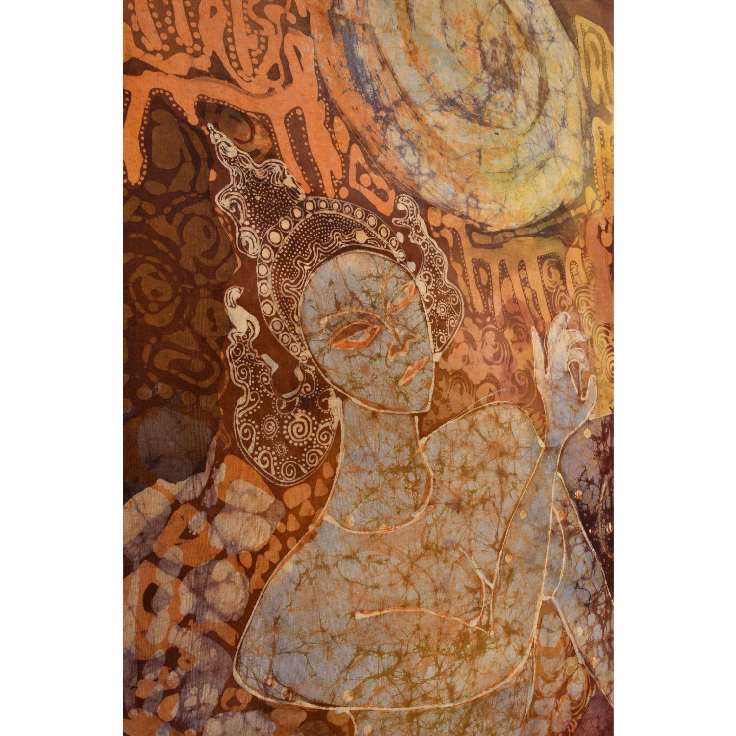 Große Indonesische figurale Batik-Figurenfigur aus Silber-Bambusimitat in gebranntem Orange und Indigo im Angebot 1