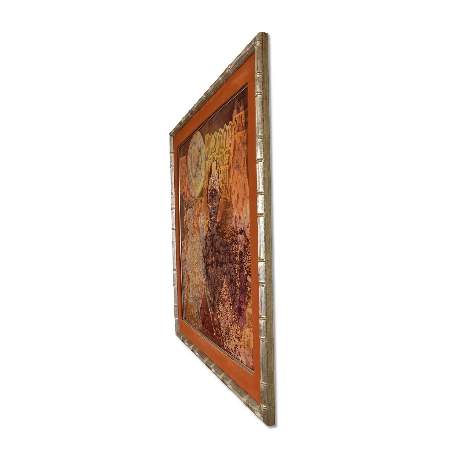 Große Indonesische figurale Batik-Figurenfigur aus Silber-Bambusimitat in gebranntem Orange und Indigo im Angebot 2
