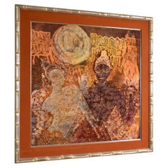 Large Indonesian Burnt Orange and Indigo Figural Batik in Silver Faux Bamboo