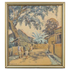 Grande peinture indonésienne sur carton "Rizières de Sumatra" Montagne, années 1960