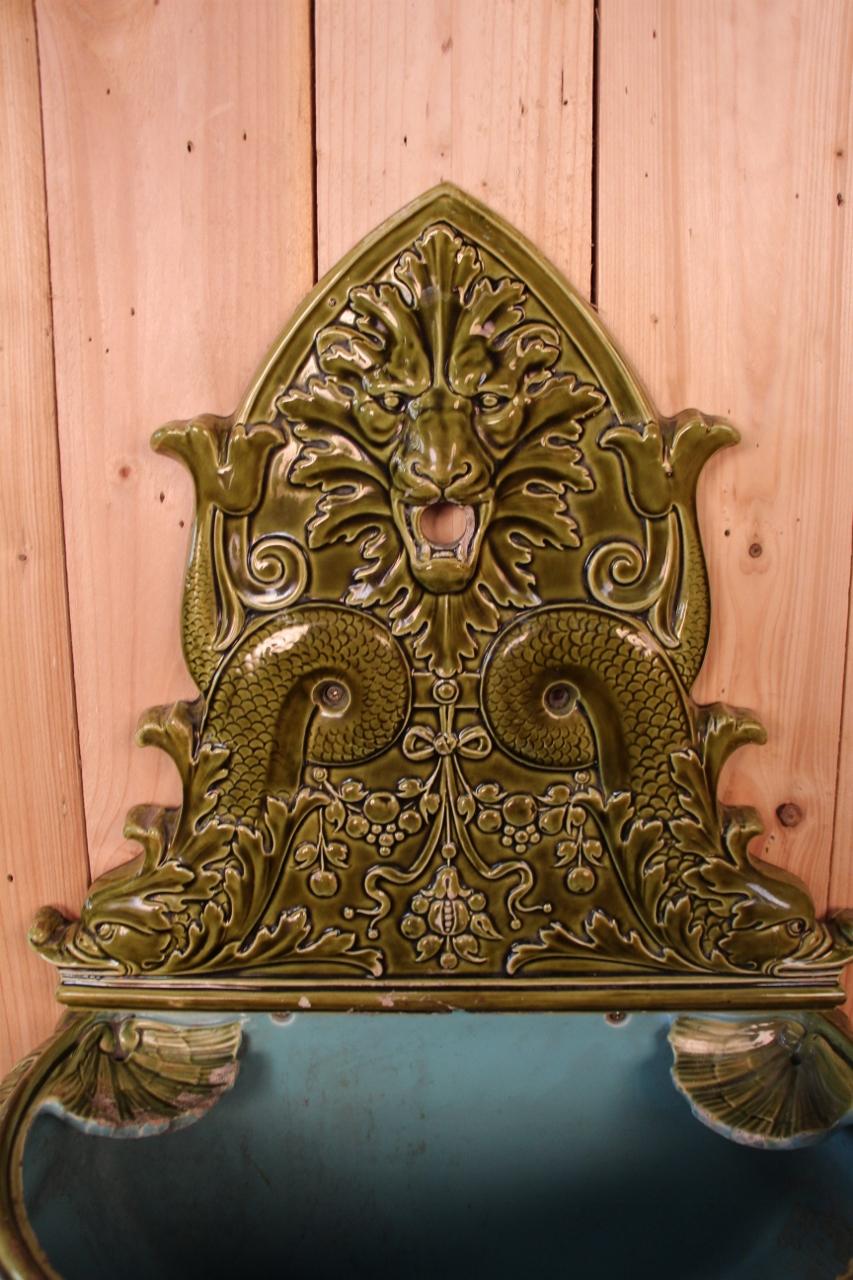 Napoleon III Large Indoor Ceramic Wall Fountain From Sarreguemines 19th Century For Sale