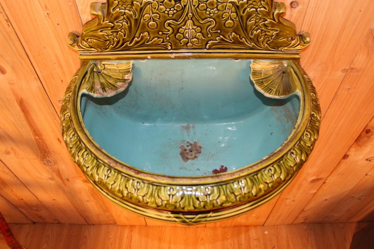 French Large Indoor Ceramic Wall Fountain From Sarreguemines 19th Century For Sale