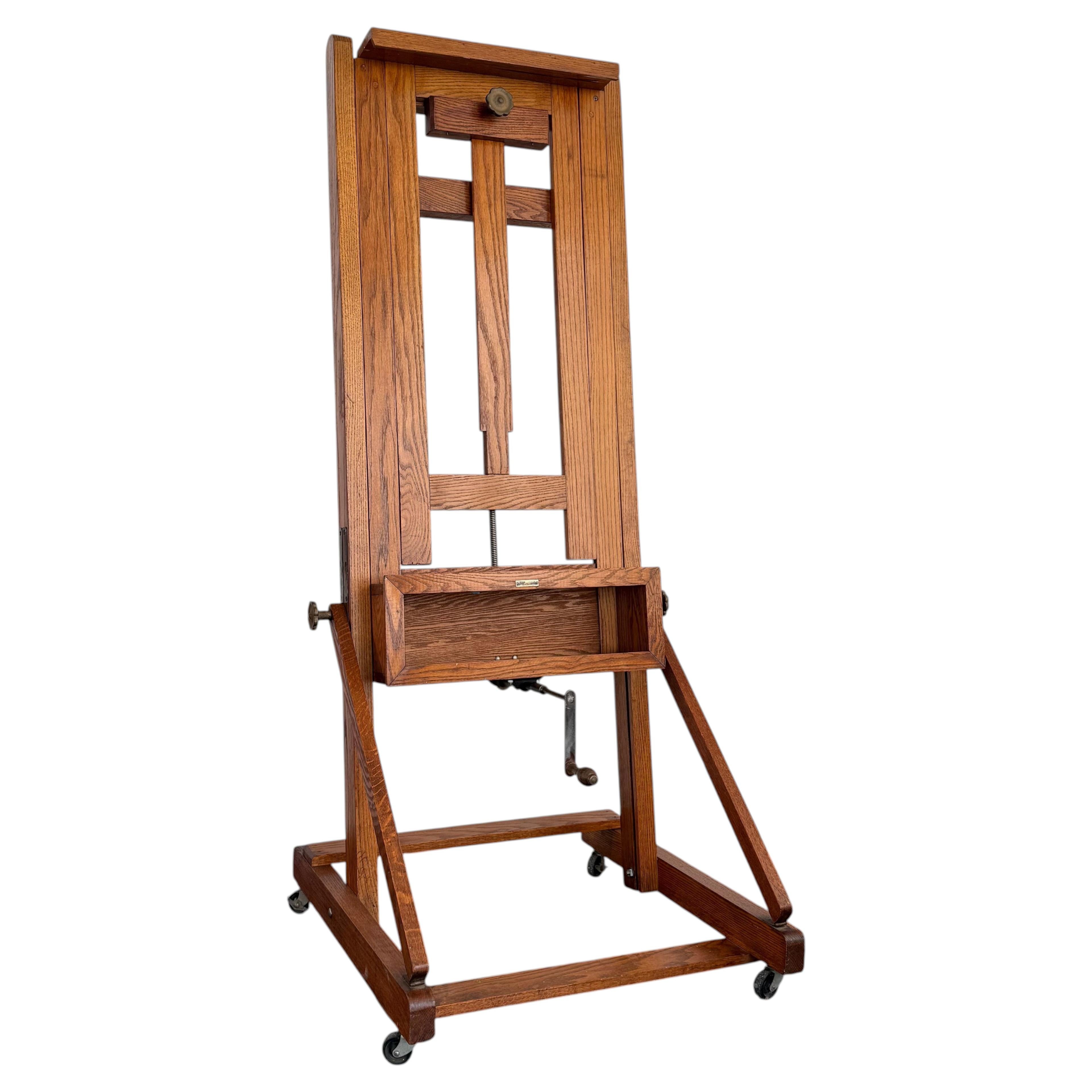 Large Industrial Adjustable Oak Artist Easel By E.H. & A.C. Friedrichs Co. For Sale